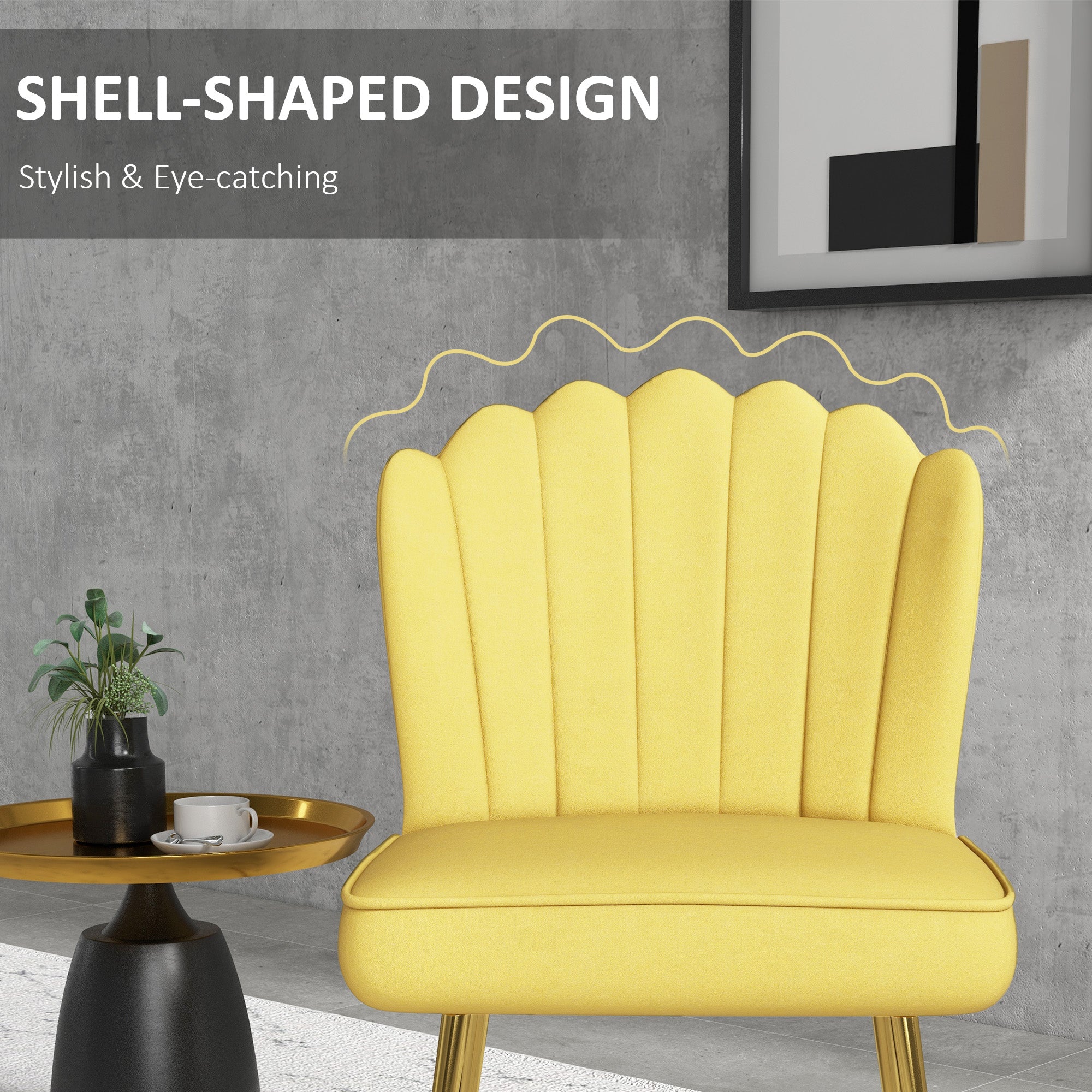 HOMCOM Shell Luxe Velvet Accent Chair with Gold-tone Metal Legs, Modern Vanity Chair for Living Room, Bedroom, Home Office, Yellow