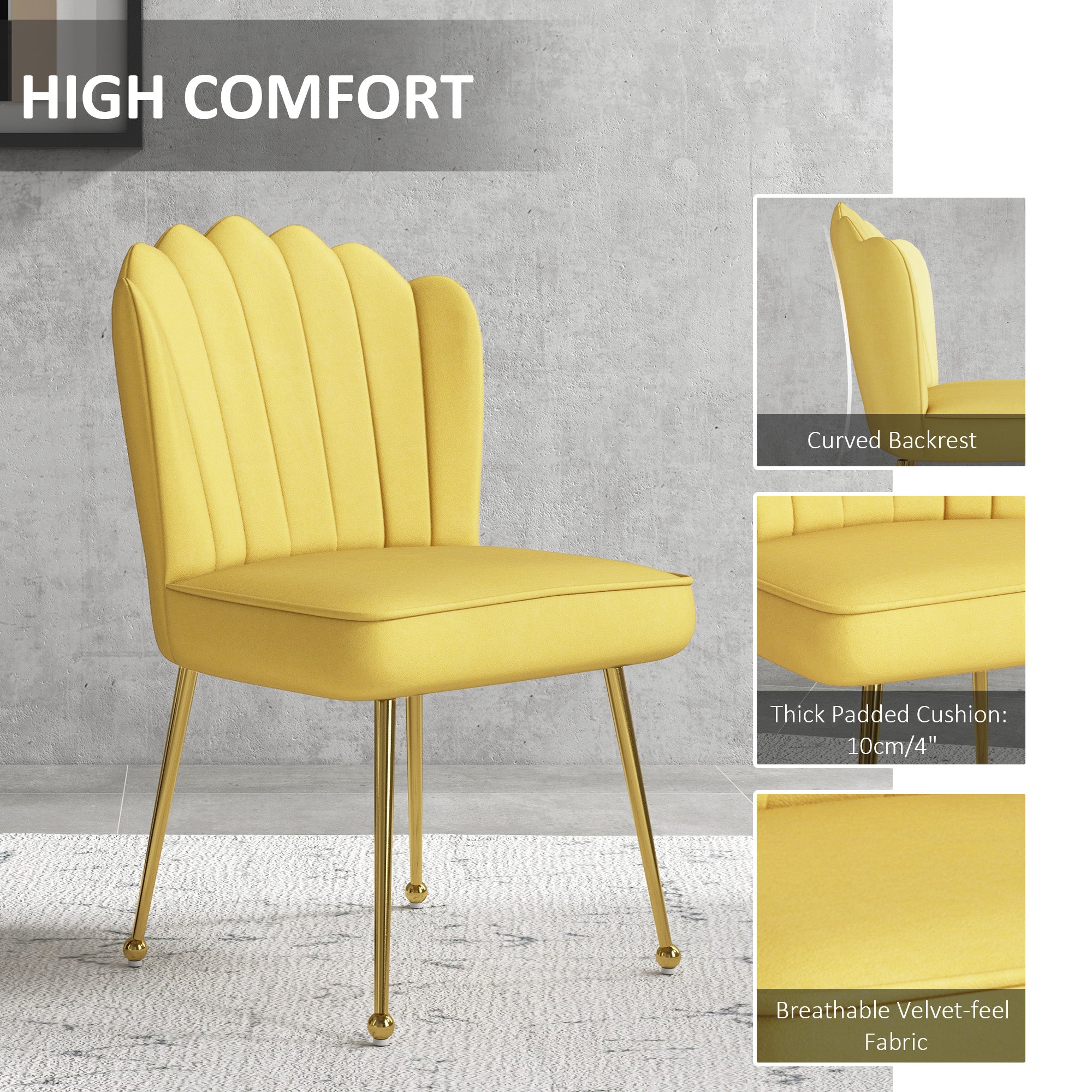 HOMCOM Shell Luxe Velvet Accent Chair with Gold-tone Metal Legs, Modern Vanity Chair for Living Room, Bedroom, Home Office, Yellow