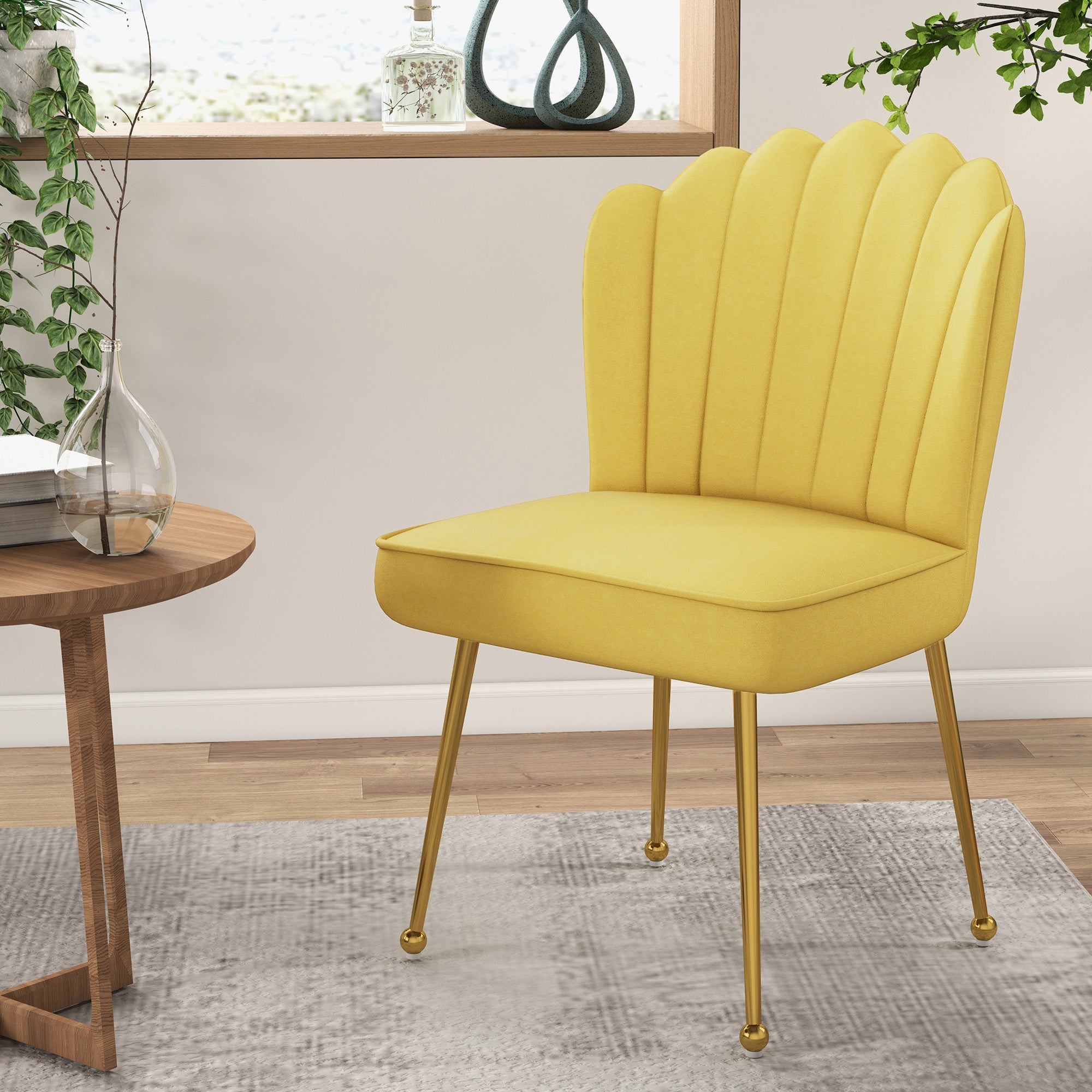 HOMCOM Shell Luxe Velvet Accent Chair with Gold-tone Metal Legs, Modern Vanity Chair for Living Room, Bedroom, Home Office, Yellow