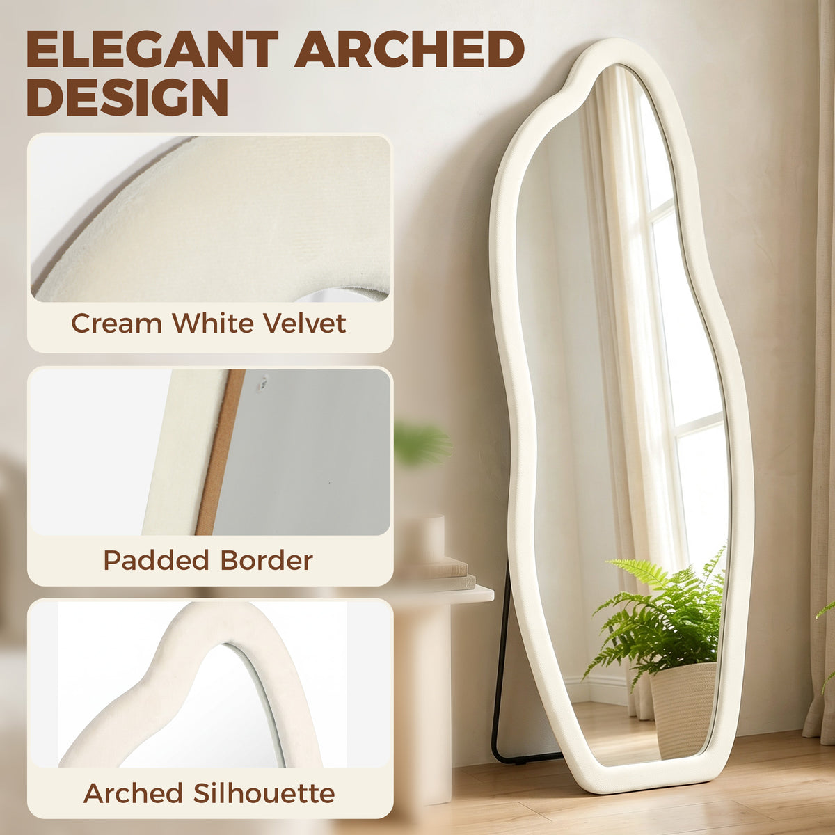 63" x 23.6" Full Length Mirror, Freestanding or Wall-Mounted Full Body Mirror with Velvet Padded Frame and Arched Top for Living Room, Bedroom, Cream White