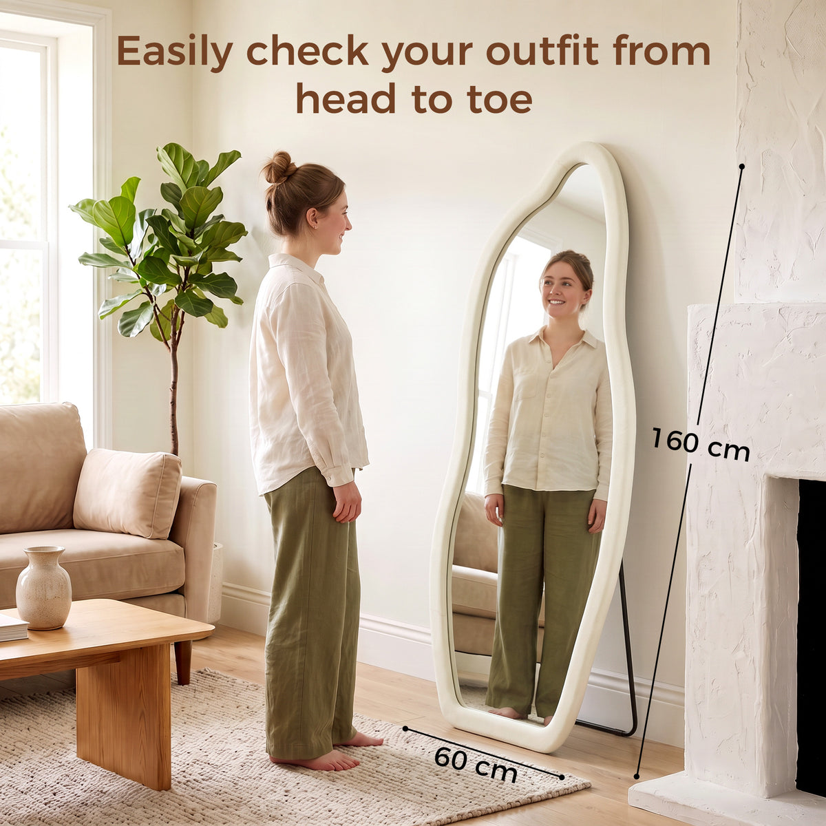 63" x 23.6" Full Length Mirror, Freestanding or Wall-Mounted Full Body Mirror with Velvet Padded Frame and Arched Top for Living Room, Bedroom, Cream White