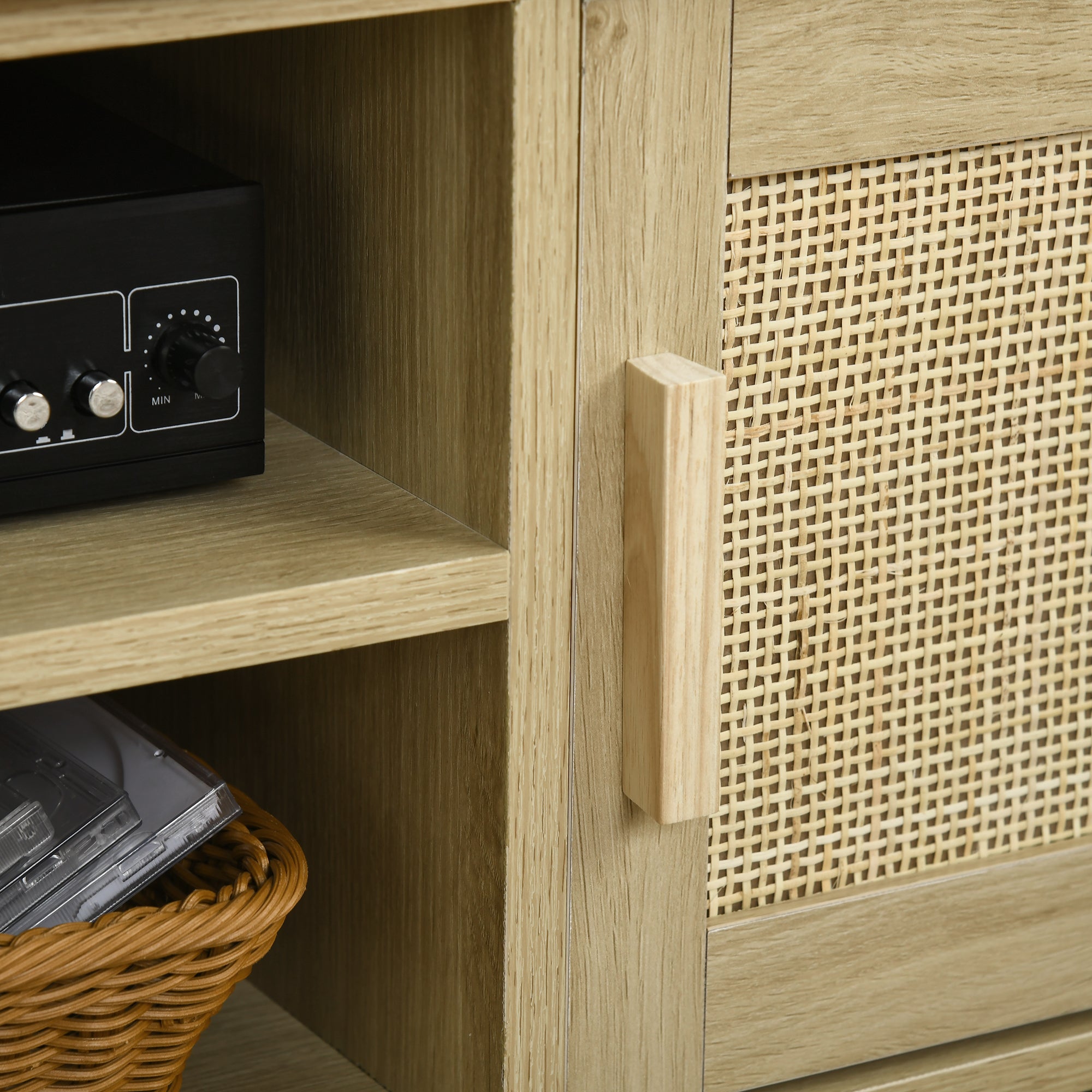 Boho TV Stand for 60 Inch TVs, Entertainment Center w/ Rattan Door & Storage, Natural