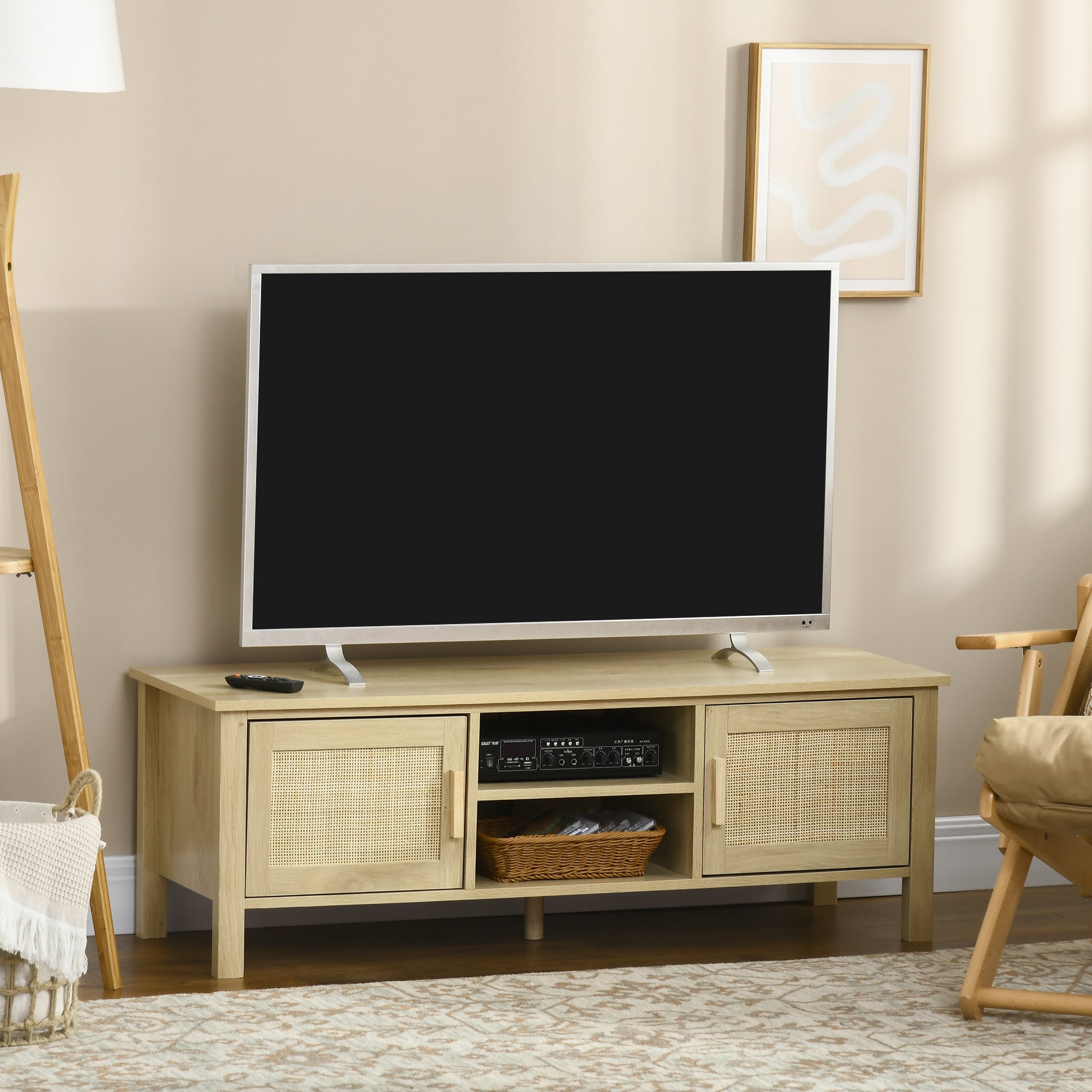 Boho TV Stand for 60 Inch TVs, Entertainment Center w/ Rattan Door & Storage, Natural