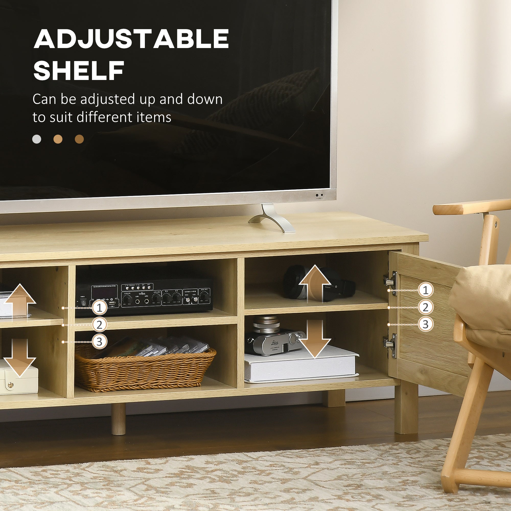 Boho TV Stand for 60 Inch TVs, Entertainment Center w/ Rattan Door & Storage, Natural