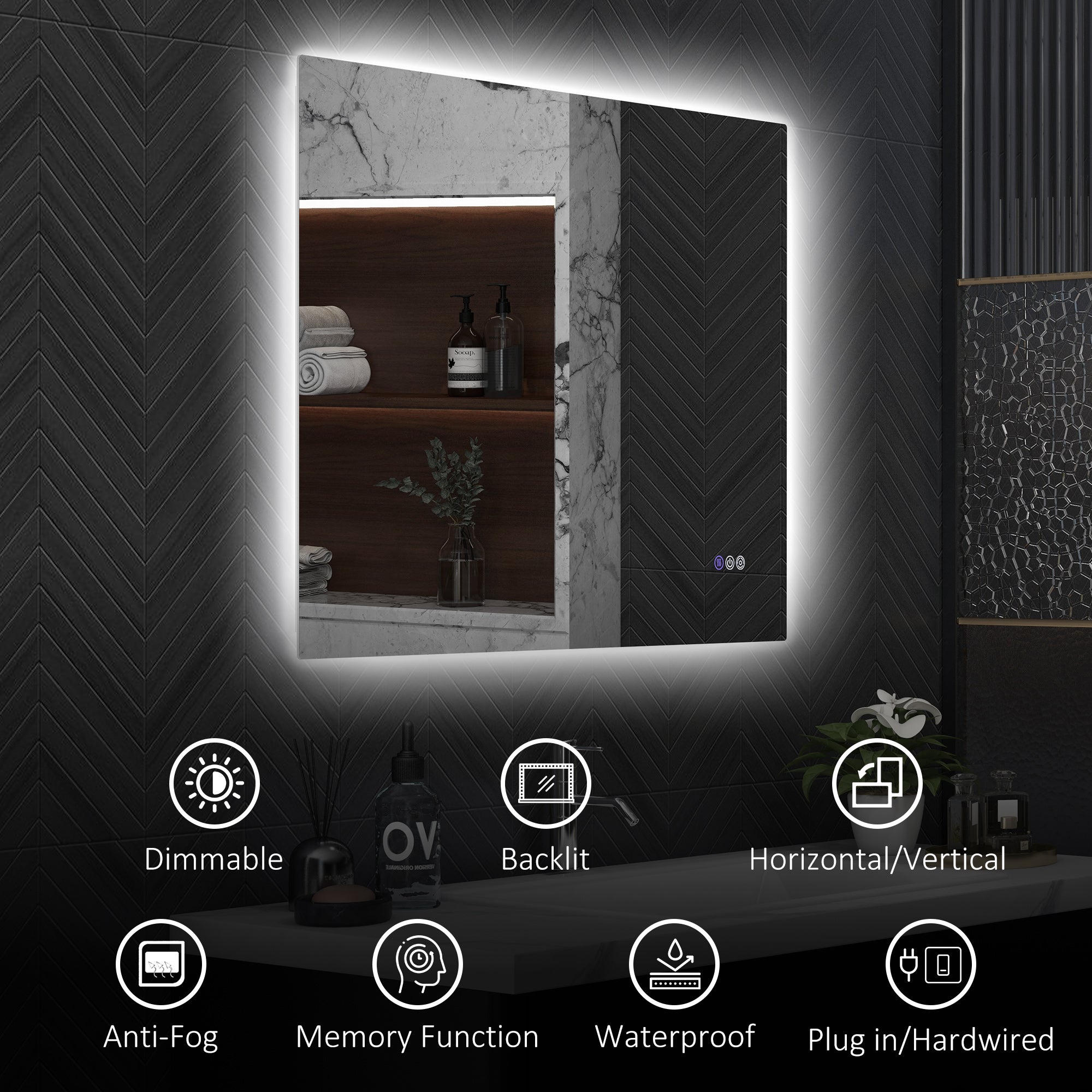 35" x 28" Dimmable Backlit LED Bathroom Mirror with Anti-Fog, Memory, Infinite Color Temperature