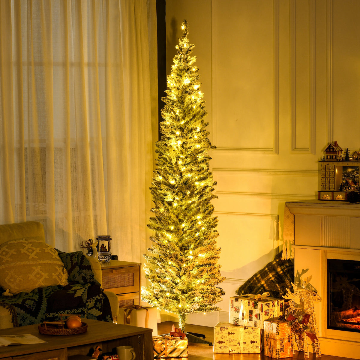 7' Tall Pre-Lit Slim Noble Fir Artificial Pencil Christmas Tree with 210 Warm White LED Lights and 499 Tips, for Christmas Decoration, Green and Warm White