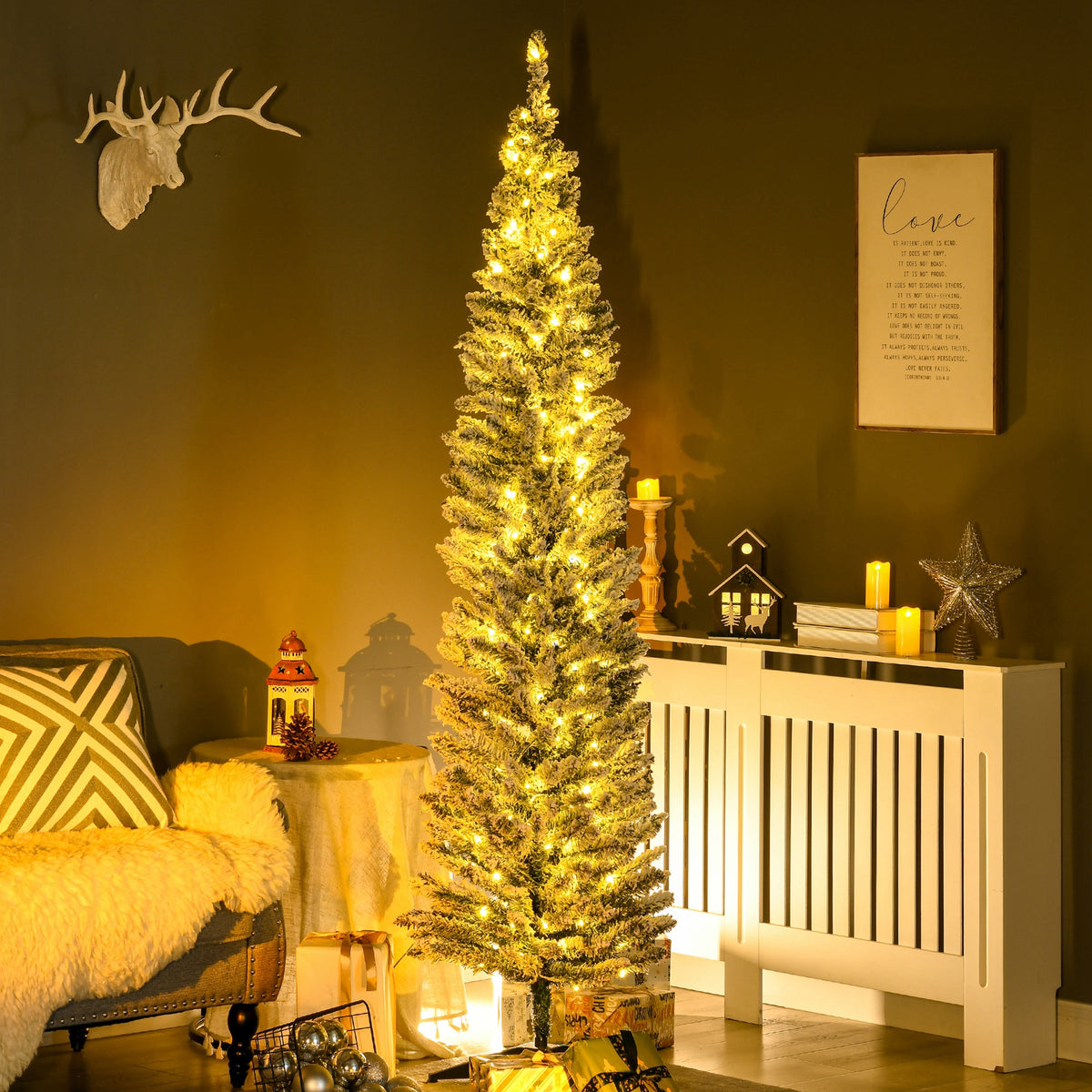 7' Tall Pre-Lit Slim Noble Fir Artificial Pencil Christmas Tree with 210 Warm White LED Lights and 499 Tips, for Christmas Decoration, Green and Warm White