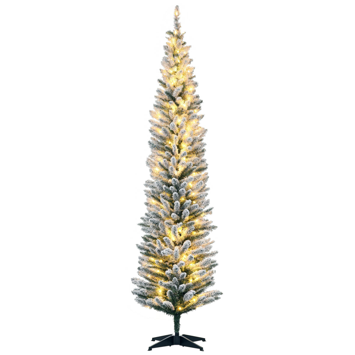 7' Tall Pre-Lit Slim Noble Fir Artificial Pencil Christmas Tree with 210 Warm White LED Lights and 499 Tips, for Christmas Decoration, Green and Warm White