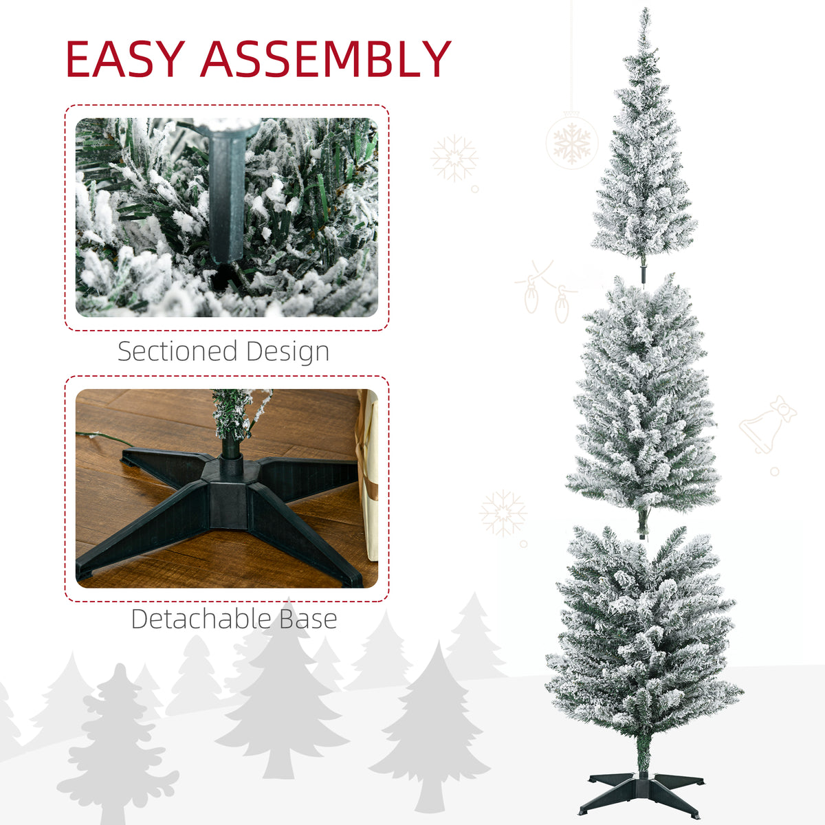 7' Tall Pre-Lit Slim Noble Fir Artificial Pencil Christmas Tree with 210 Warm White LED Lights and 499 Tips, for Christmas Decoration, Green and Warm White