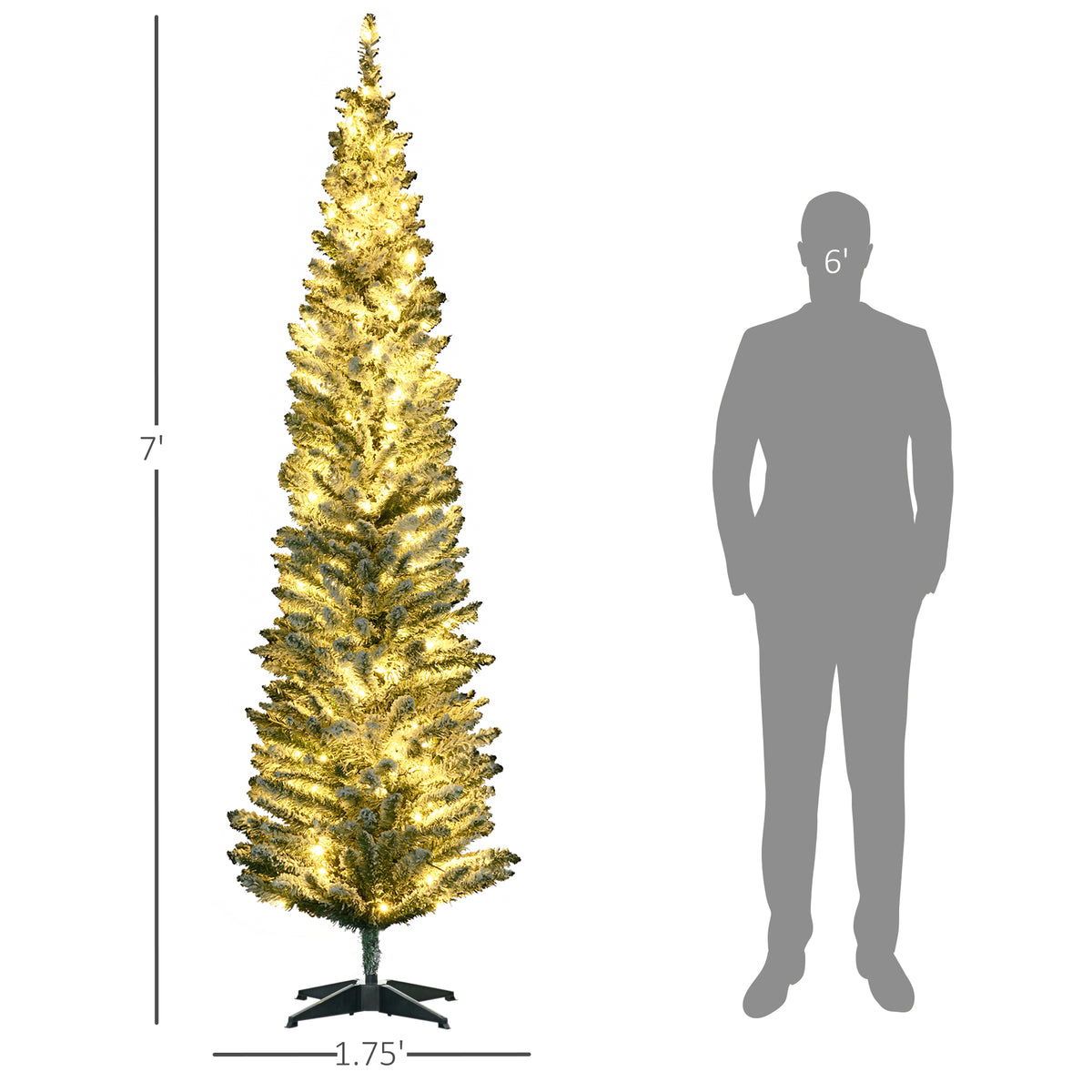 7' Tall Pre-Lit Slim Noble Fir Artificial Pencil Christmas Tree with 210 Warm White LED Lights and 499 Tips, for Christmas Decoration, Green and Warm White