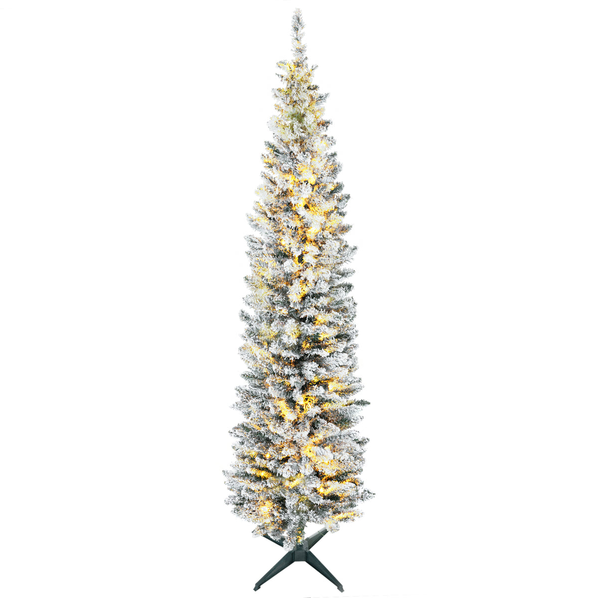 7' Tall Pre-Lit Slim Noble Fir Artificial Pencil Christmas Tree with 210 Warm White LED Lights and 499 Tips, for Christmas Decoration, Green and Warm White