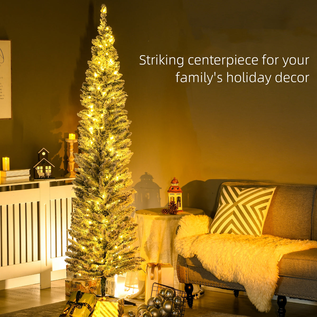 7' Tall Pre-Lit Slim Noble Fir Artificial Pencil Christmas Tree with 210 Warm White LED Lights and 499 Tips, for Christmas Decoration, Green and Warm White