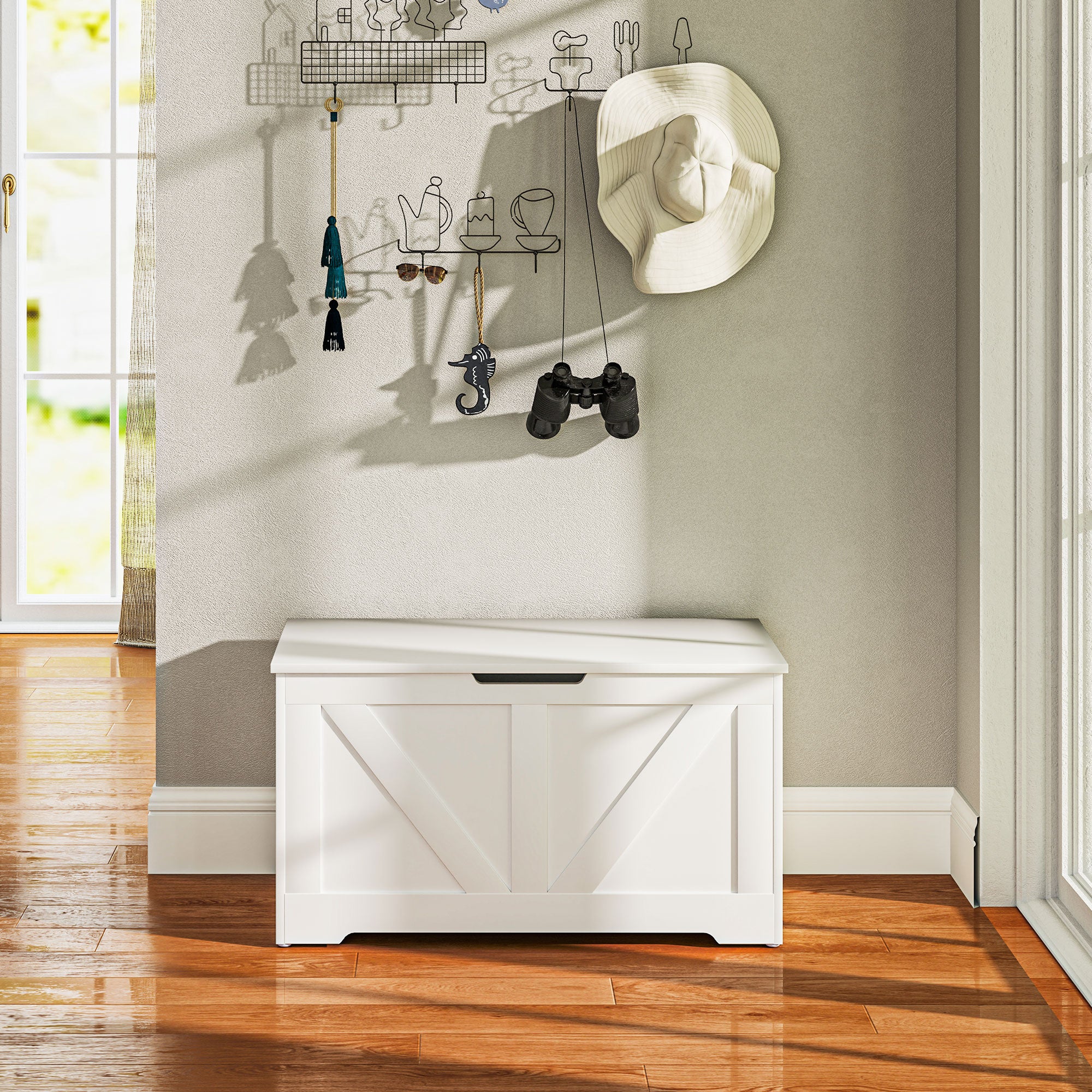 HOMCOM 100L Storage Chest, Storage Trunk with 2 Safety Hinges and U-shaped Cut-out Pull, Storage Box for Living Room, Entryway, 80 x 40 x 45 cm, White Wood Grain