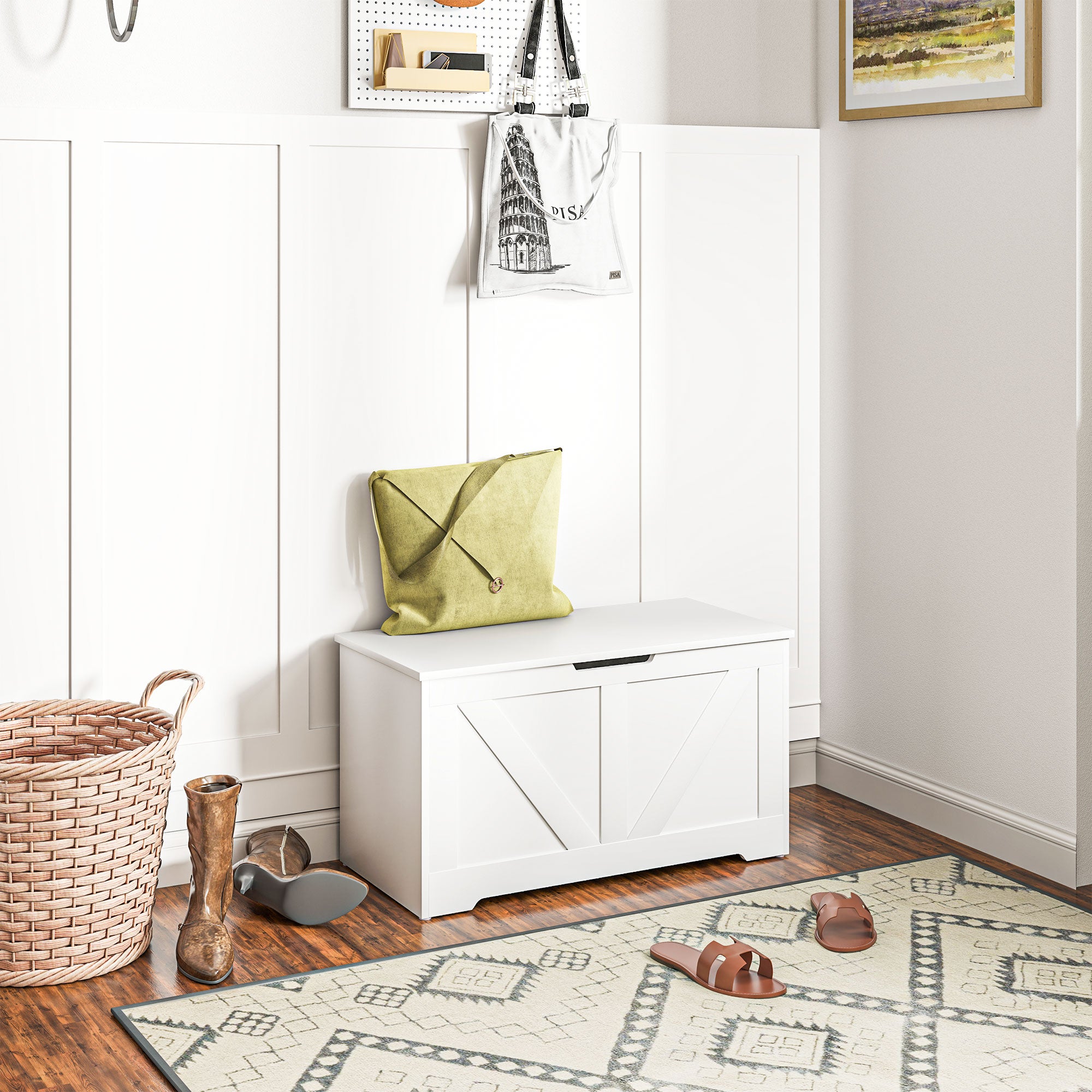 HOMCOM 100L Storage Chest, Storage Trunk with 2 Safety Hinges and U-shaped Cut-out Pull, Storage Box for Living Room, Entryway, 80 x 40 x 45 cm, White Wood Grain