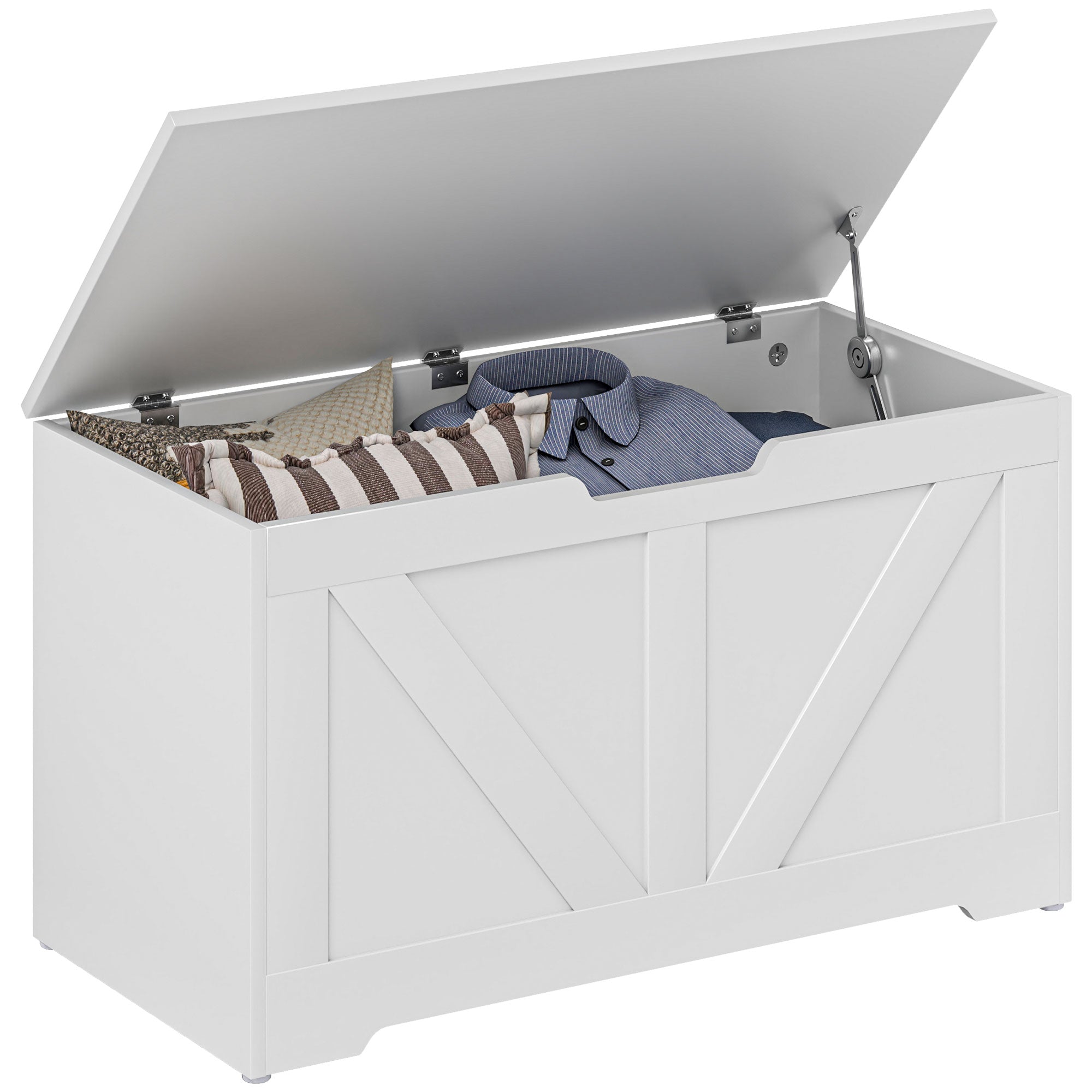 HOMCOM 100L Storage Chest, Storage Trunk with 2 Safety Hinges and U-shaped Cut-out Pull, Storage Box for Living Room, Entryway, 80 x 40 x 45 cm, White Wood Grain