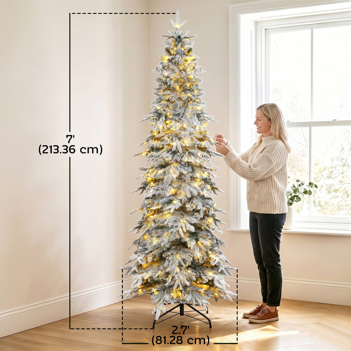 7ft Prelit Flocked Christmas Tree, Artificial Pencil Hinged Xmas Tree with Slim Downswept Shape, 350 Warm White LED Lights, 8 Modes, Daily Timer, 800 Tips, Remote, Steel Stand, Green White
