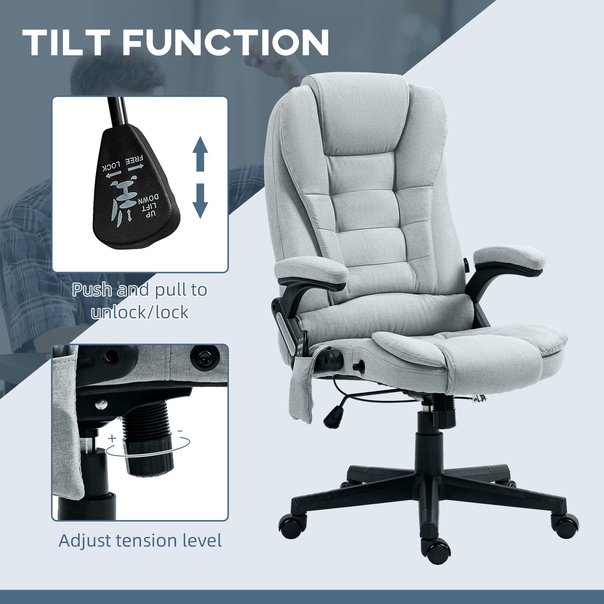 6 Points Heated Massage Office Chair, Linen High Back Executive Office Chair, Light Gray