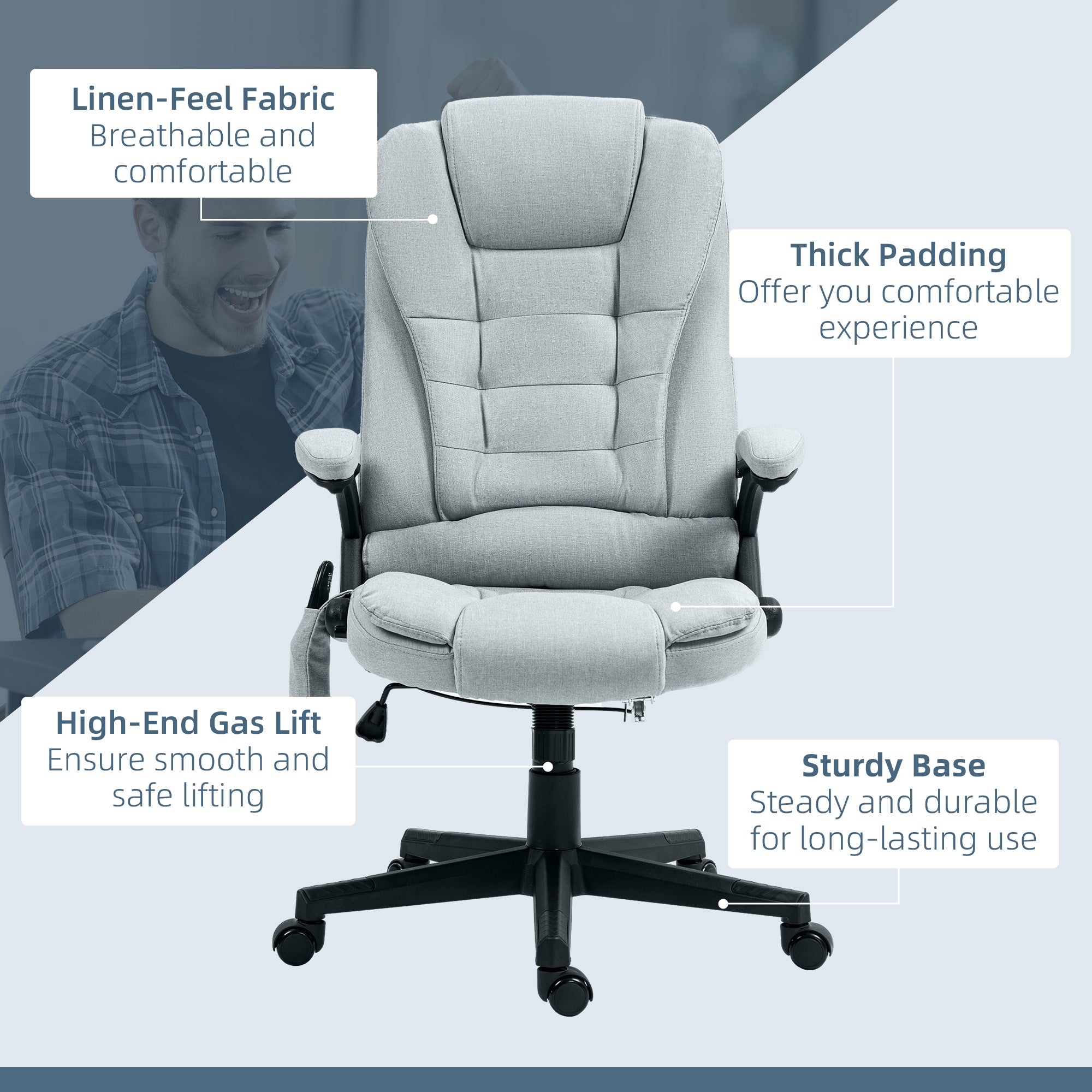 6 Points Heated Massage Office Chair, Linen High Back Executive Office Chair, Light Gray
