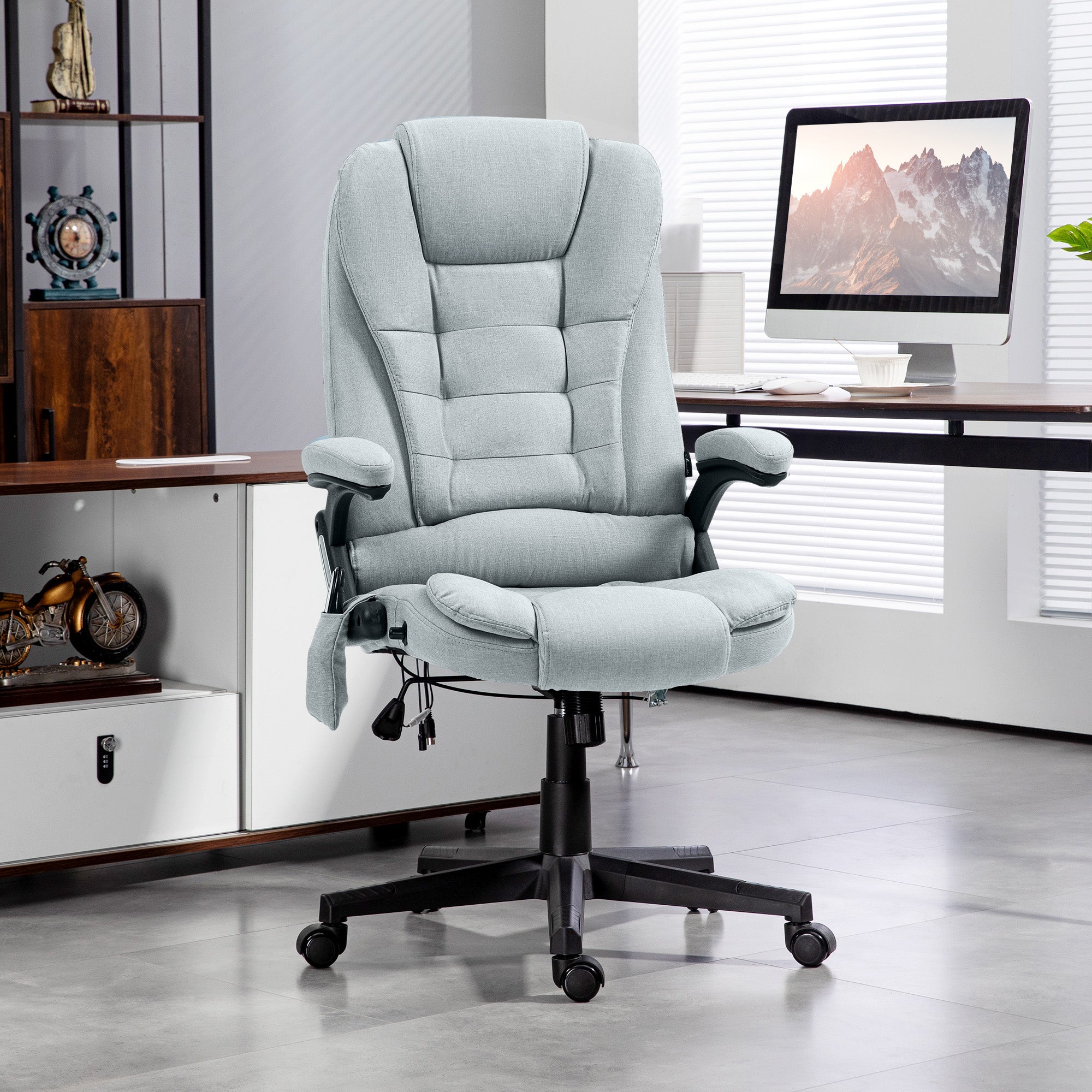 6 Points Heated Massage Office Chair, Linen High Back Executive Office Chair, Light Gray