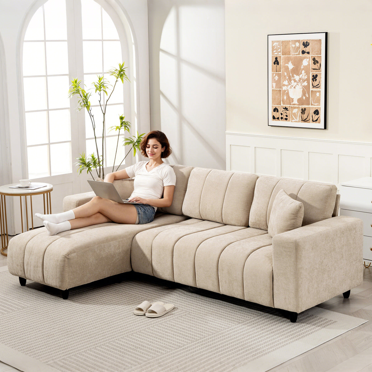 Modular Sectional Sofa with Changeable Chaise, Integrated Seat, 95" Large 3 Seater L-Shaped Sofa with Spring Cushion, 2 Pillows, Steel Frame for Living Room, Beige