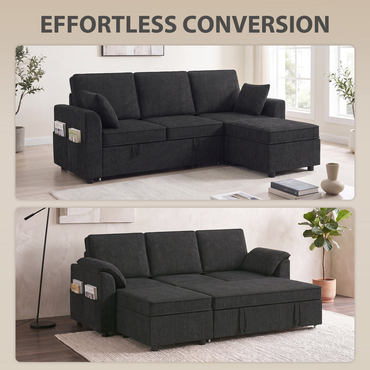 Sectional Sofa Bed, L-Shaped Sleeper Sofa with Reversible Pull Out Couch Bed, Storage Ottoman, Side Pockets, Cushions, Chenille Fabric, Black