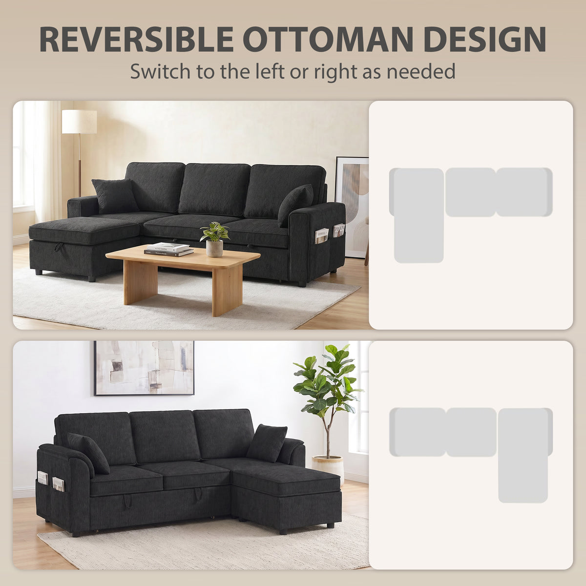 Sectional Sofa Bed, L-Shaped Sleeper Sofa with Reversible Pull Out Couch Bed, Storage Ottoman, Side Pockets, Cushions, Chenille Fabric, Black