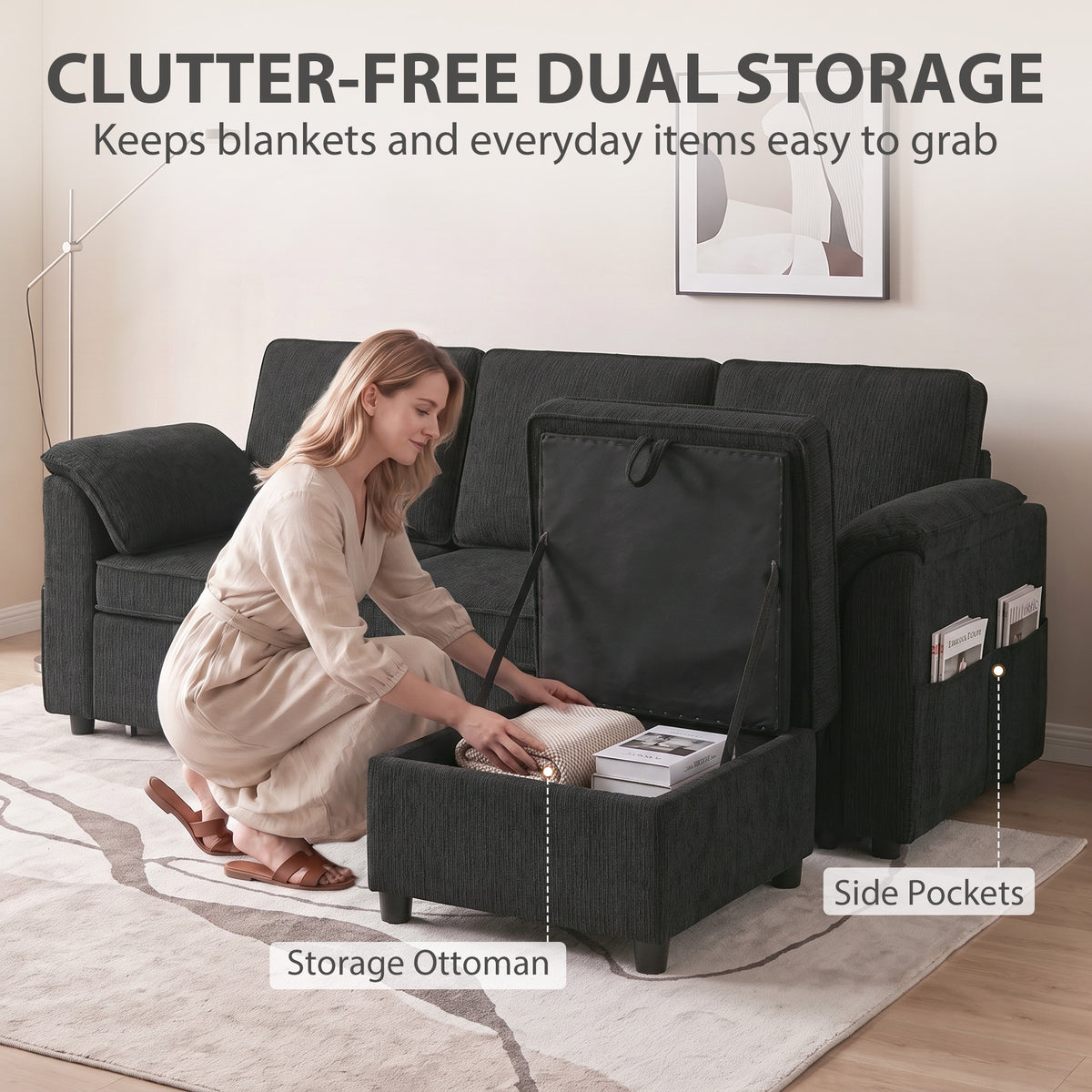 Sectional Sofa Bed, L-Shaped Sleeper Sofa with Reversible Pull Out Couch Bed, Storage Ottoman, Side Pockets, Cushions, Chenille Fabric, Black