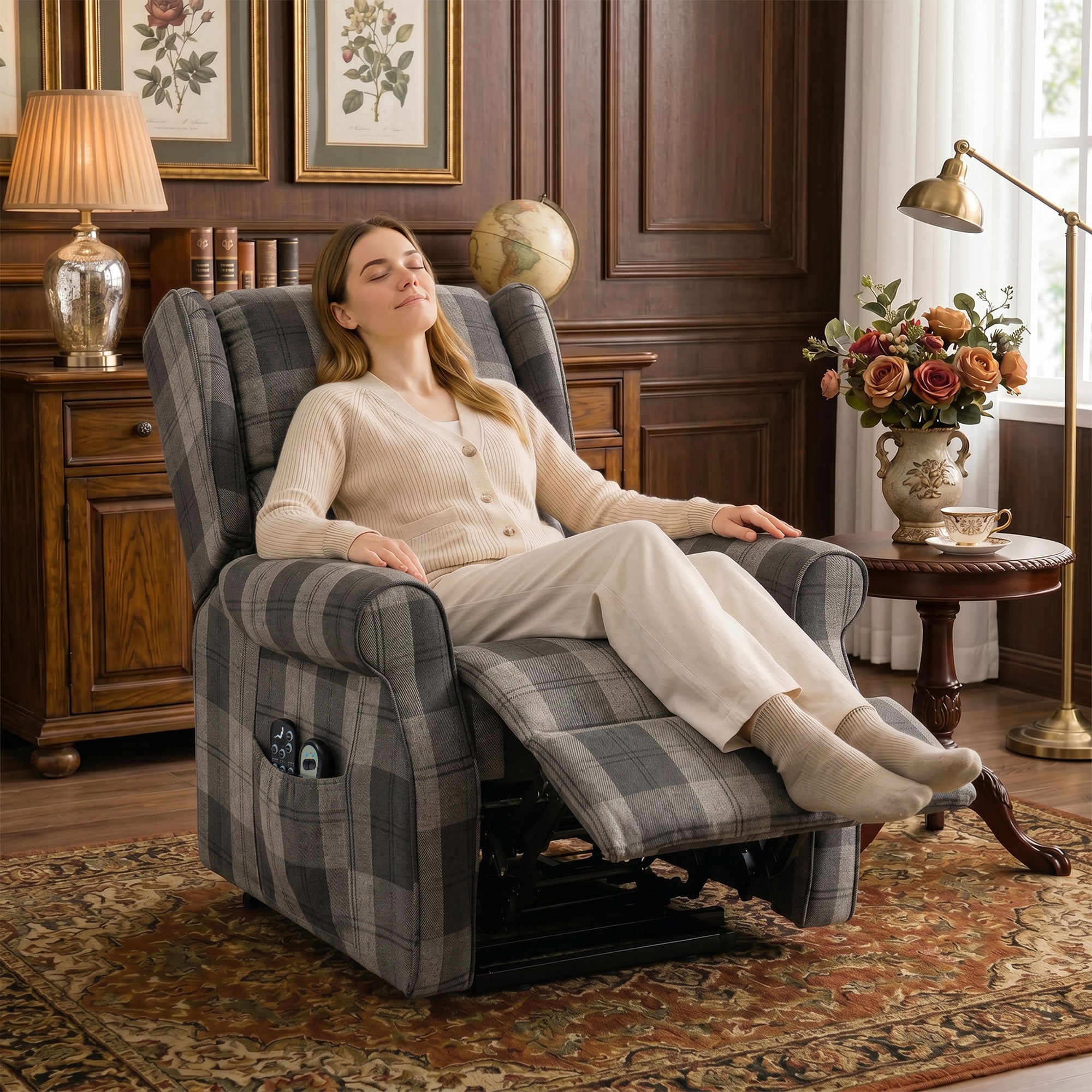 Power Lift Recliner Chair with Vibration Massage and Heat, Checked Electric Lift Chair for Elderly, Fabric Riser and Reclining Armchair with Pocket Spring, Remote, Quick Assembly, Side Pockets