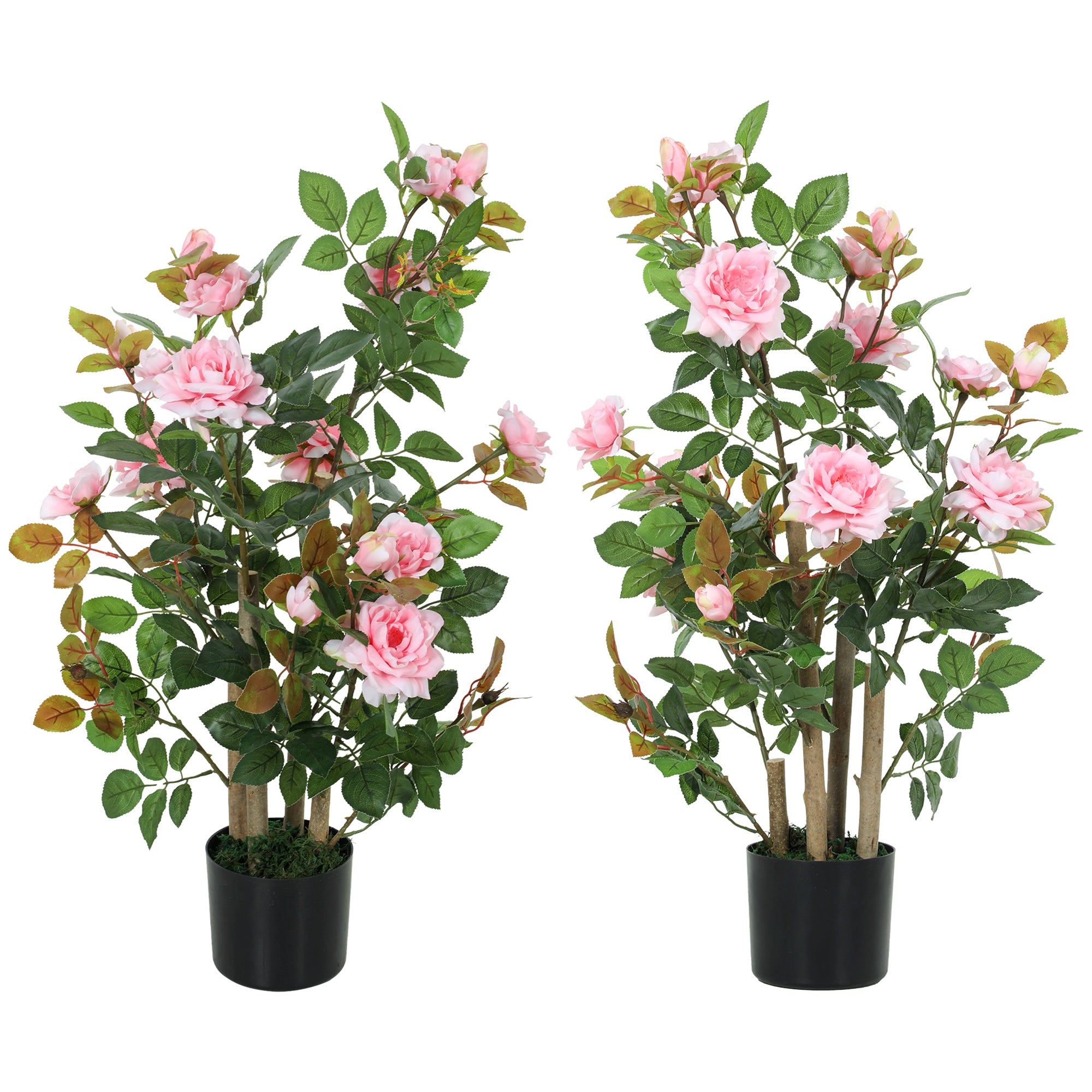 90cm Artificial Rose Tree Set of 2, Decorative Fake Plant with 344 Silk Leaves and 17 Flowers, UV-Resistant Faux Tree for Outdoor Indoor Garden Porch Decor, Pink