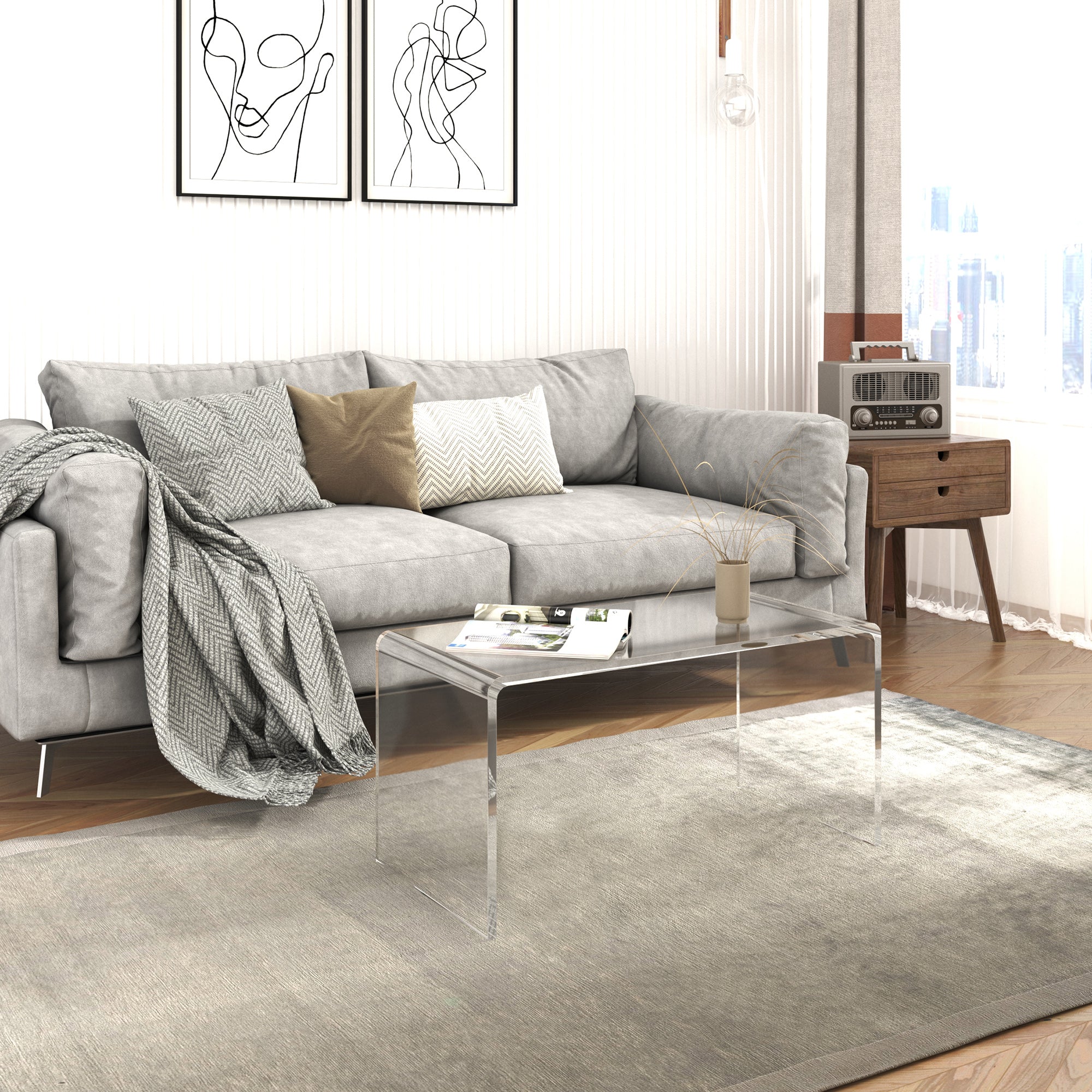 32" Long Rectangle All Acrylic 15mm Thick Waterfall Coffee Table, Clear