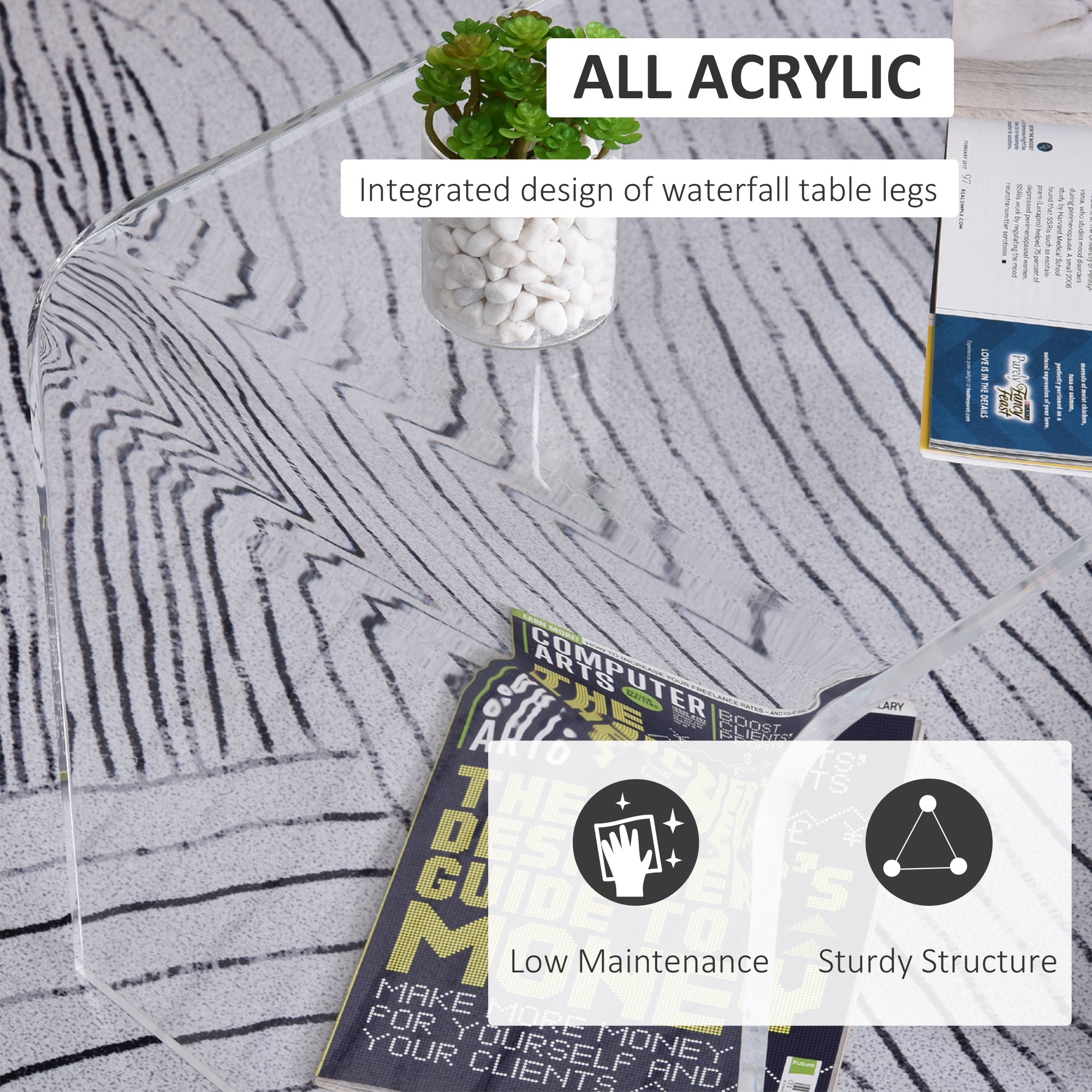 32" Long Rectangle All Acrylic 15mm Thick Waterfall Coffee Table, Clear