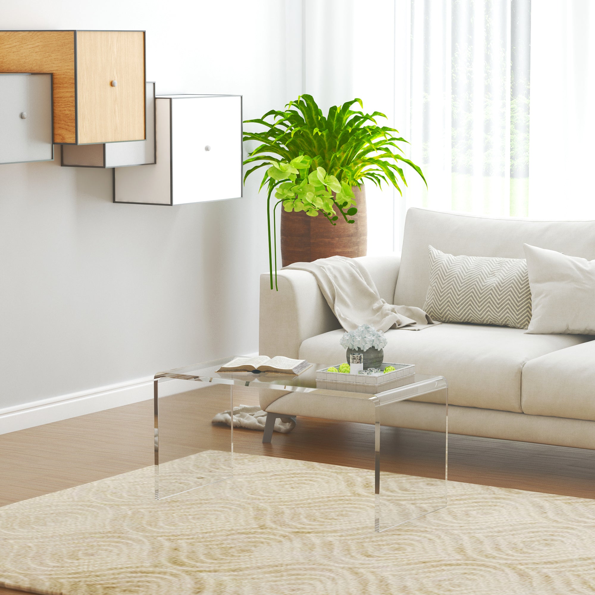 32" Long Rectangle All Acrylic 15mm Thick Waterfall Coffee Table, Clear