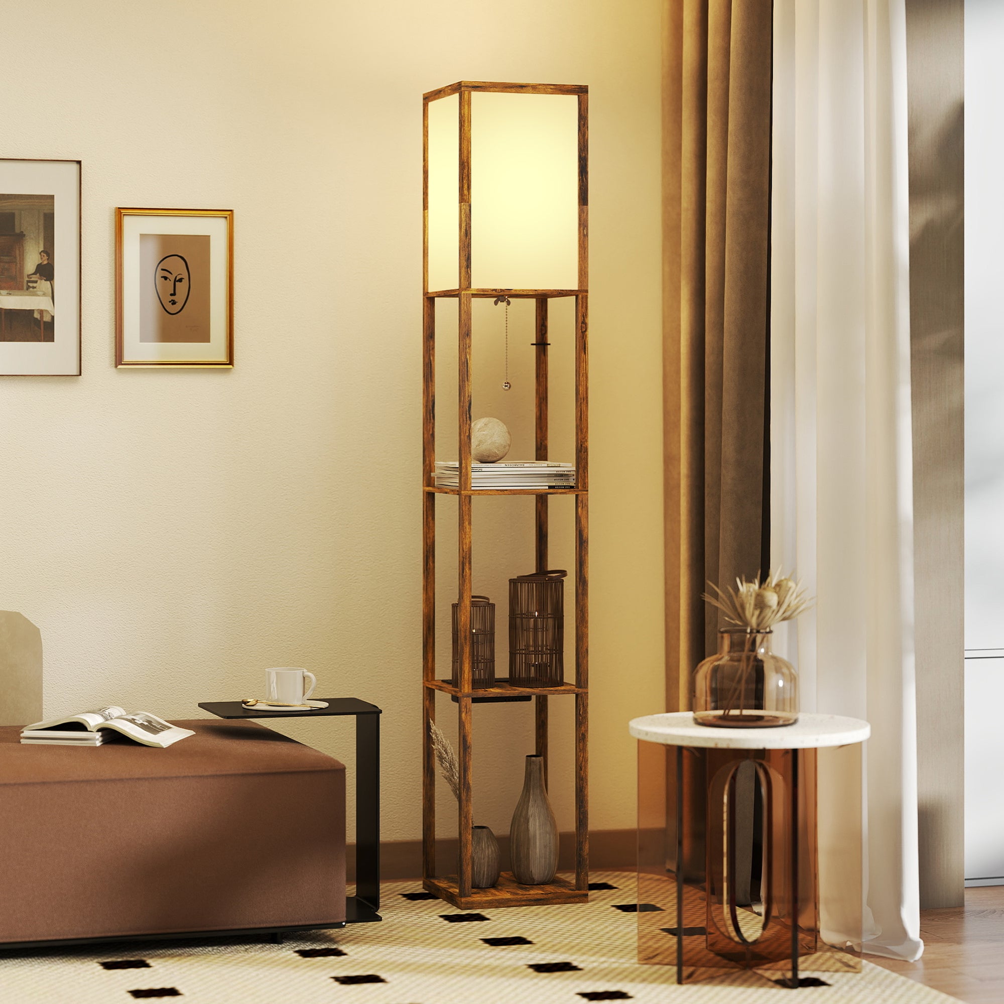 Floor Lamp with Shelves, 4 Layer Column Modern Standing Lamp with USB-A/C Ports and 3 Adjustable Colour Temperature for Living Room, Bedroom, Office, Rustic Brown