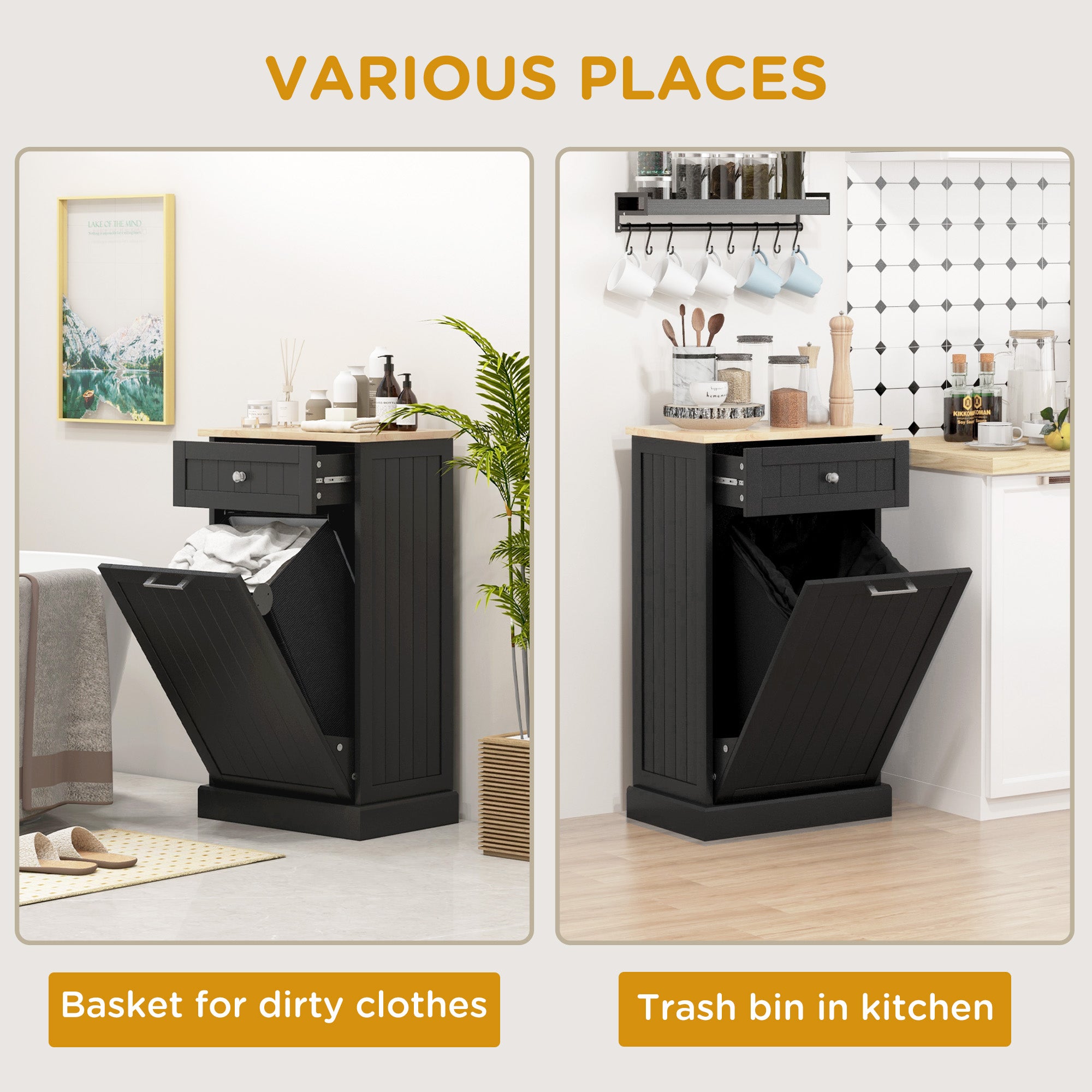 Kitchen Tilt Out Trash Bin Cabinet, Recycling Cabinet Trash Can Holder With Drawer, Black