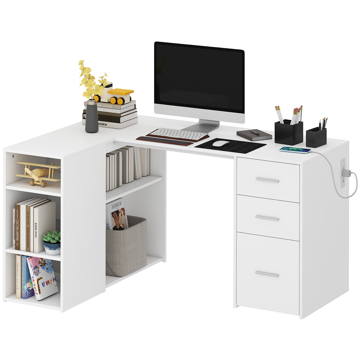 L Shaped Desk, 55" Corner Computer Desk with Power Outlets, File Drawer, 2 Drawers, Home Office Writing Table Workstation with Adjustable Storage Shelves for Study, White