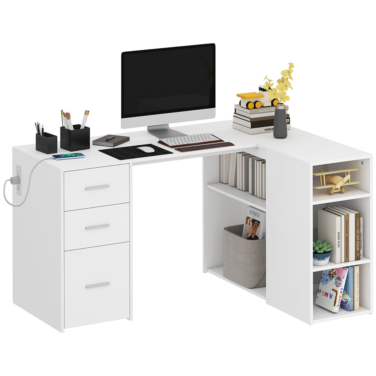 L Shaped Desk, 55" Corner Computer Desk with Power Outlets, File Drawer, 2 Drawers, Home Office Writing Table Workstation with Adjustable Storage Shelves for Study, White