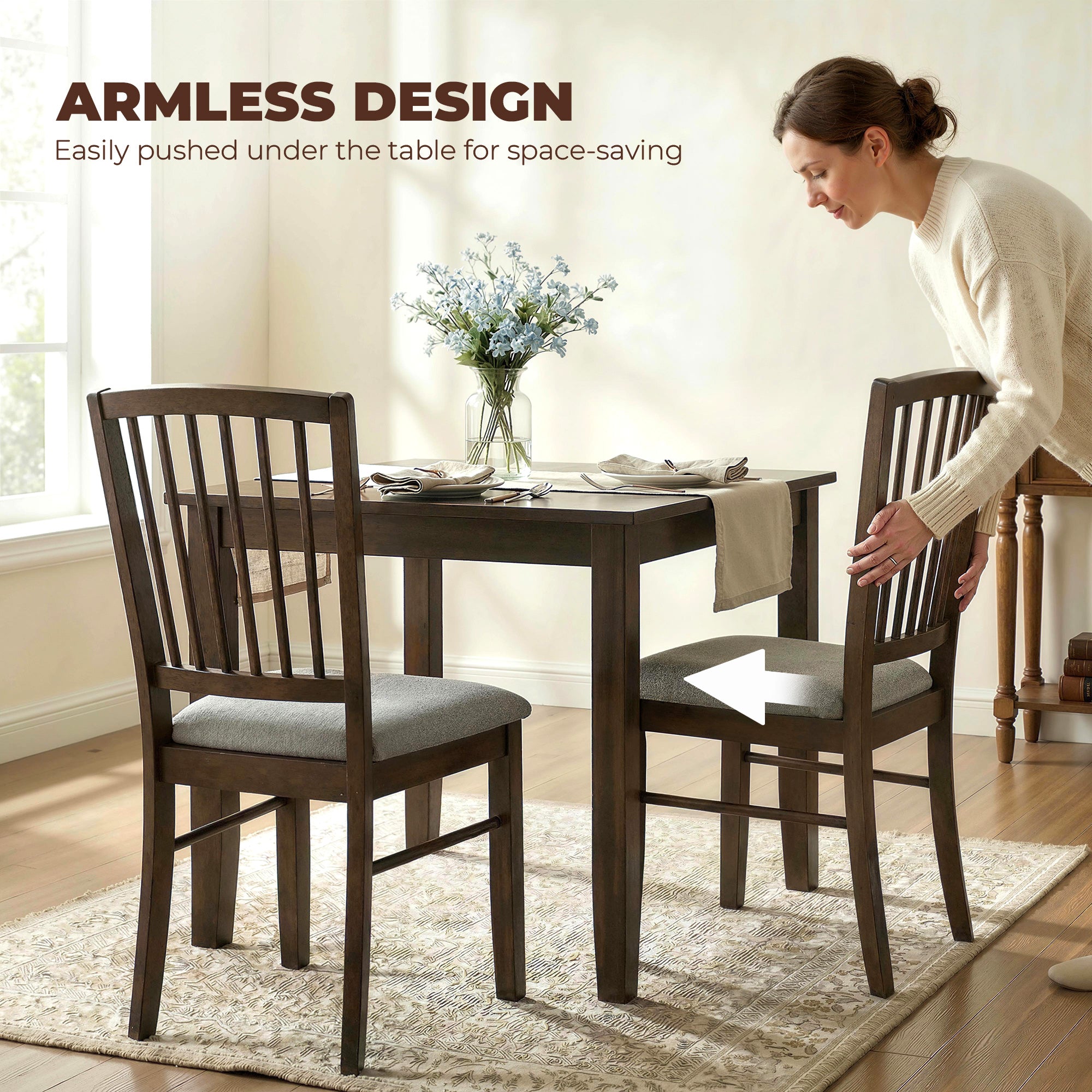 Farmhouse Dining Chairs Set of 2, Upholstered Linen Fabric Kitchen Chairs with Solid Rubberwood Legs for Kitchen, Dining Room, Burn Brown