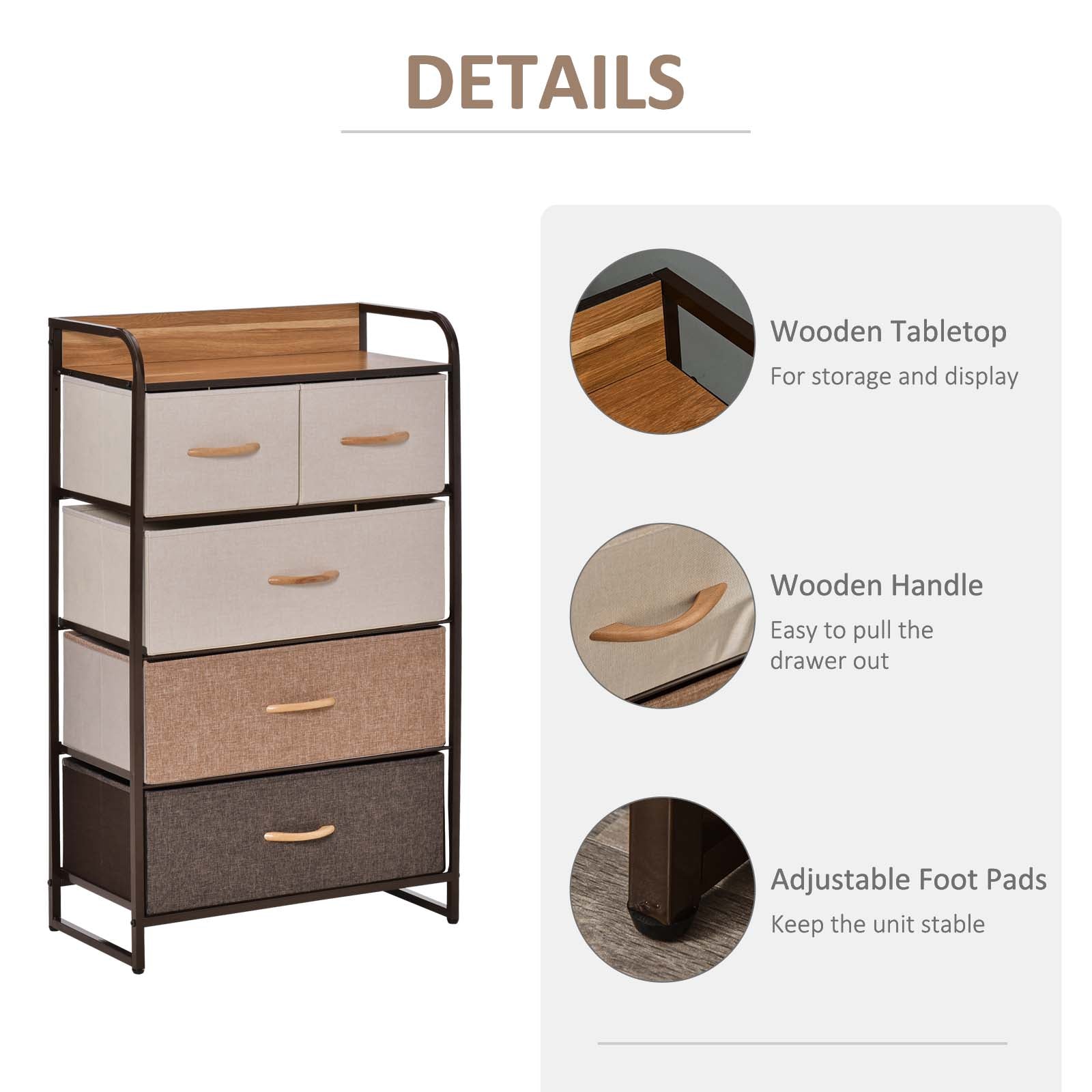 5-Drawer Dresser, Fabric Drawers, 4-Tier Storage Organizer for Bedroom Entryway, Tower Unit with Steel Frame Wooden Top, Maple Wood