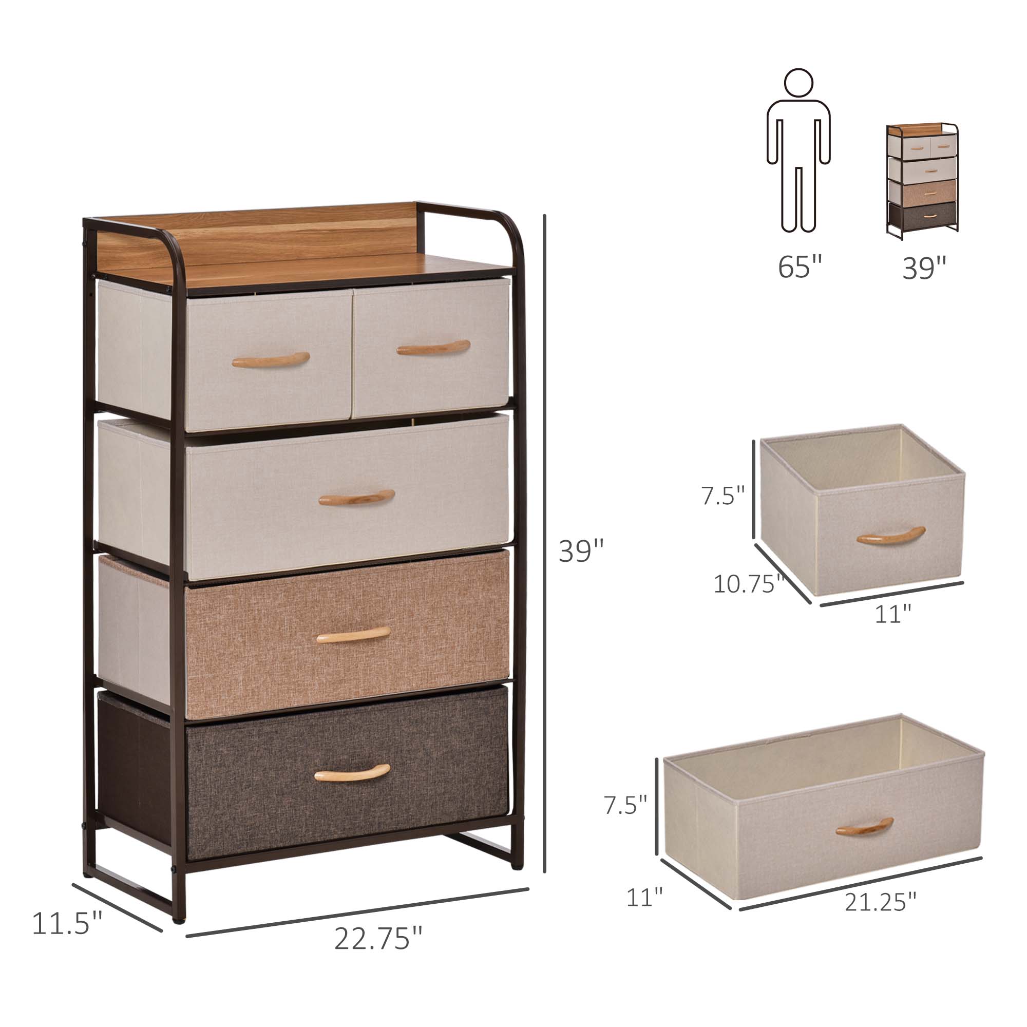 5-Drawer Dresser, Fabric Drawers, 4-Tier Storage Organizer for Bedroom Entryway, Tower Unit with Steel Frame Wooden Top, Maple Wood