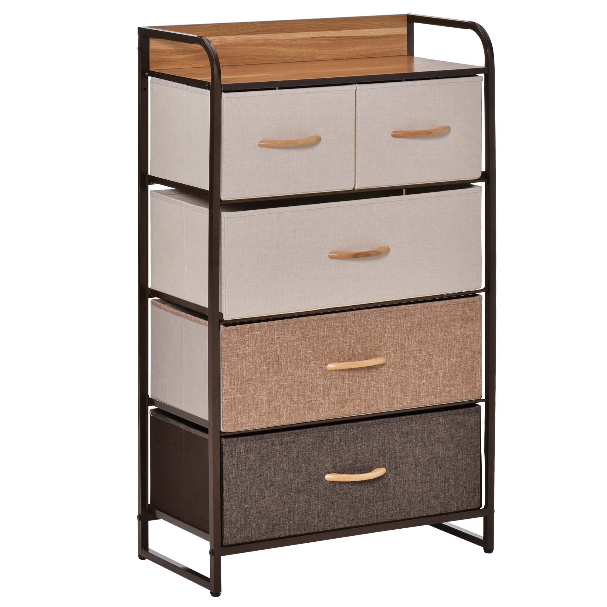 5-Drawer Dresser, Fabric Drawers, 4-Tier Storage Organizer for Bedroom Entryway, Tower Unit with Steel Frame Wooden Top, Maple Wood
