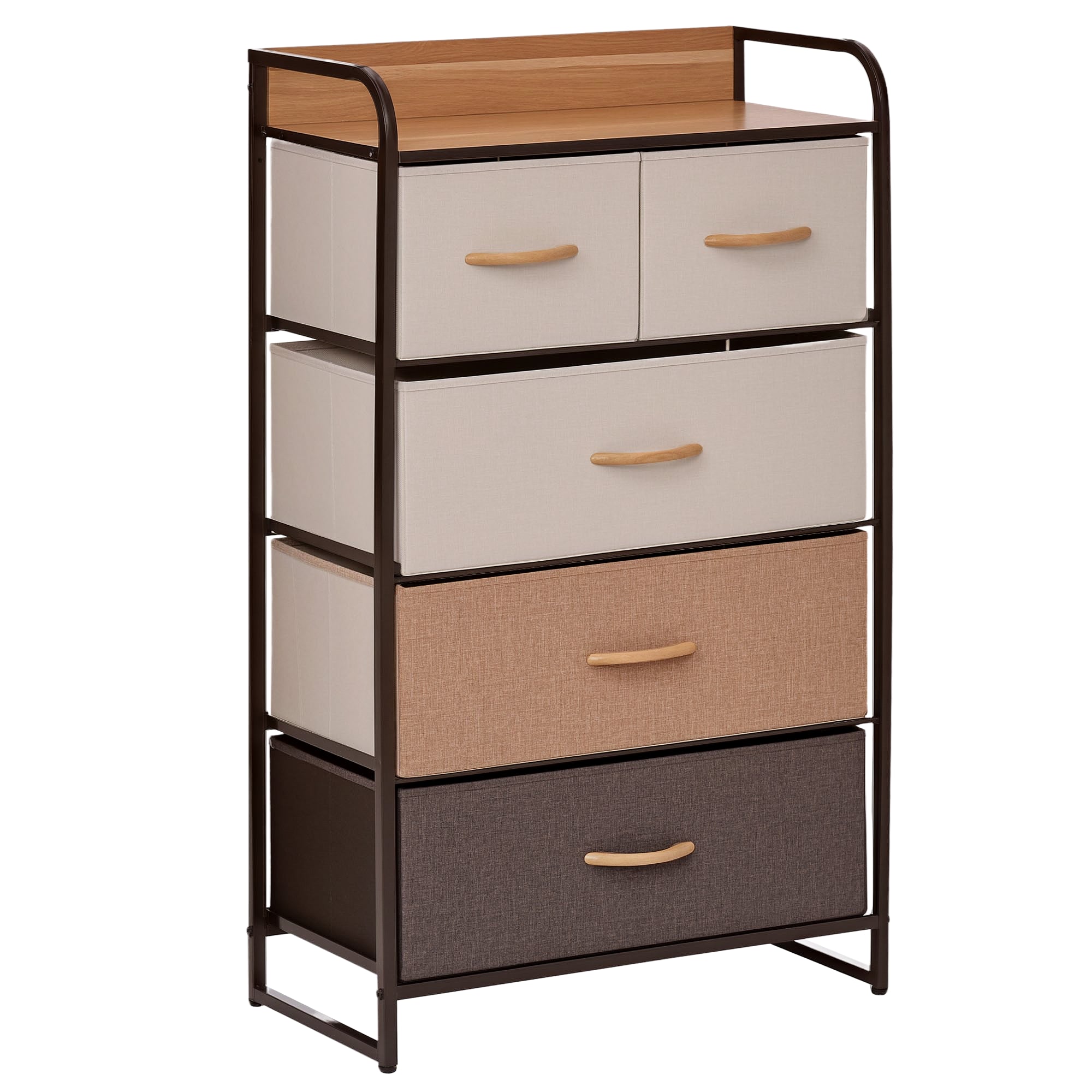 5-Drawer Dresser, Fabric Drawers, 4-Tier Storage Organizer for Bedroom Entryway, Tower Unit with Steel Frame Wooden Top, Maple Wood