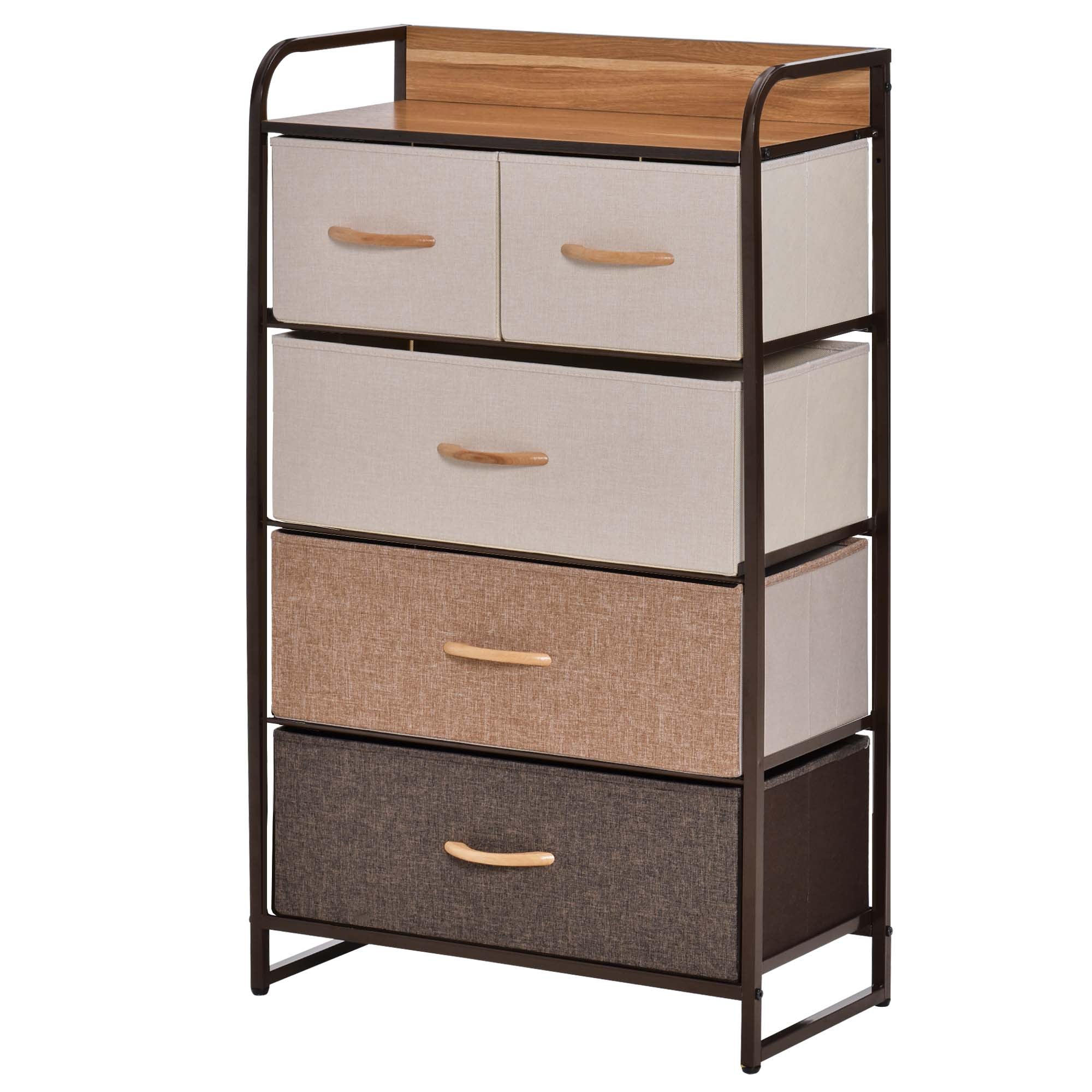 5-Drawer Dresser, Fabric Drawers, 4-Tier Storage Organizer for Bedroom Entryway, Tower Unit with Steel Frame Wooden Top, Maple Wood