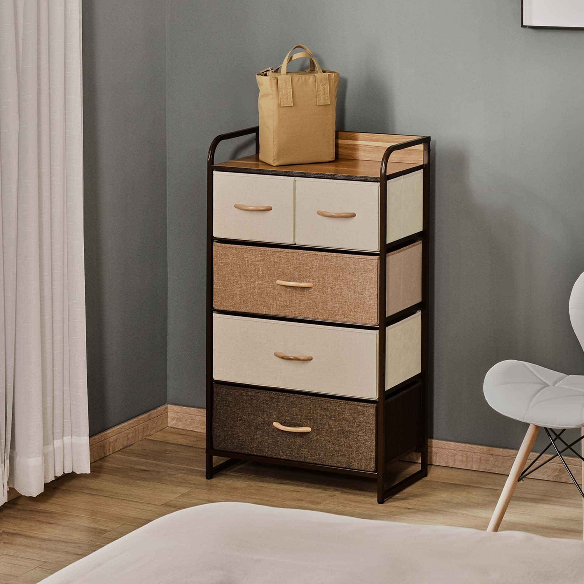 5-Drawer Dresser, Fabric Drawers, 4-Tier Storage Organizer for Bedroom Entryway, Tower Unit with Steel Frame Wooden Top, Maple Wood