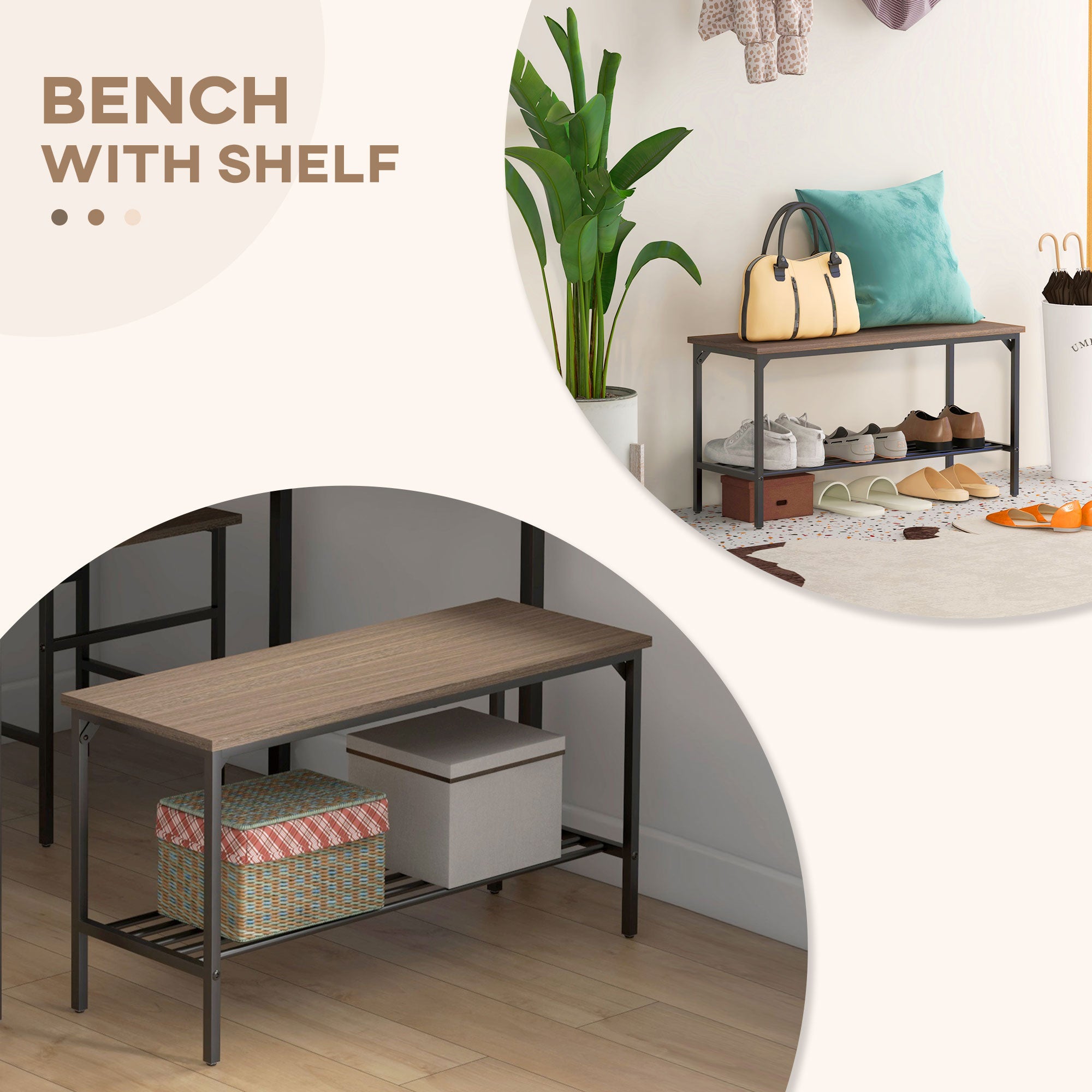 HOMCOM 4 Piece Dining Table and Chairs Set, Industrial Kitchen Table Set of 4 with 2 Chairs and Bench, Space Saving Table and Chairs with Shelf for Small Spaces, Grey