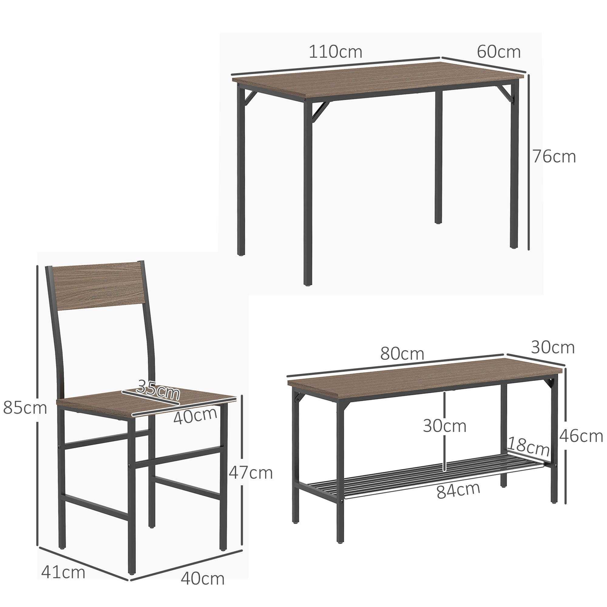 HOMCOM 4 Piece Dining Table and Chairs Set, Industrial Kitchen Table Set of 4 with 2 Chairs and Bench, Space Saving Table and Chairs with Shelf for Small Spaces, Grey