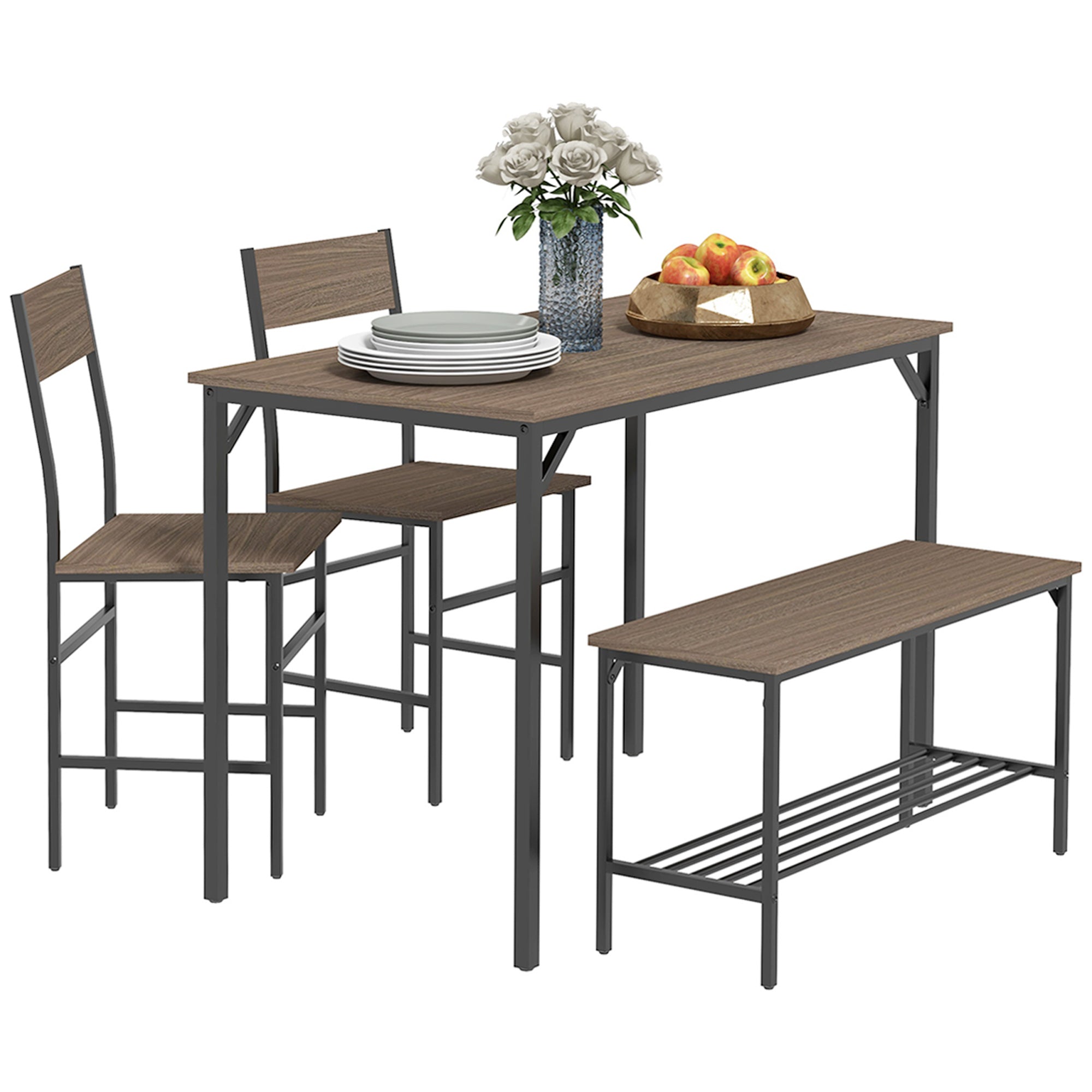 HOMCOM 4 Piece Dining Table and Chairs Set, Industrial Kitchen Table Set of 4 with 2 Chairs and Bench, Space Saving Table and Chairs with Shelf for Small Spaces, Grey