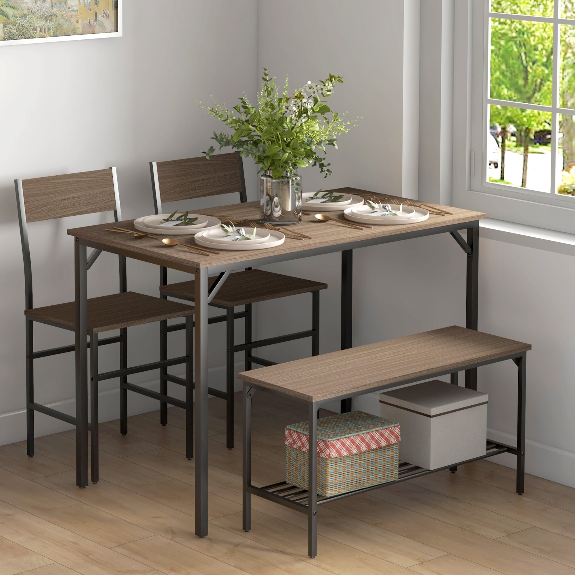 HOMCOM 4 Piece Dining Table and Chairs Set, Industrial Kitchen Table Set of 4 with 2 Chairs and Bench, Space Saving Table and Chairs with Shelf for Small Spaces, Grey