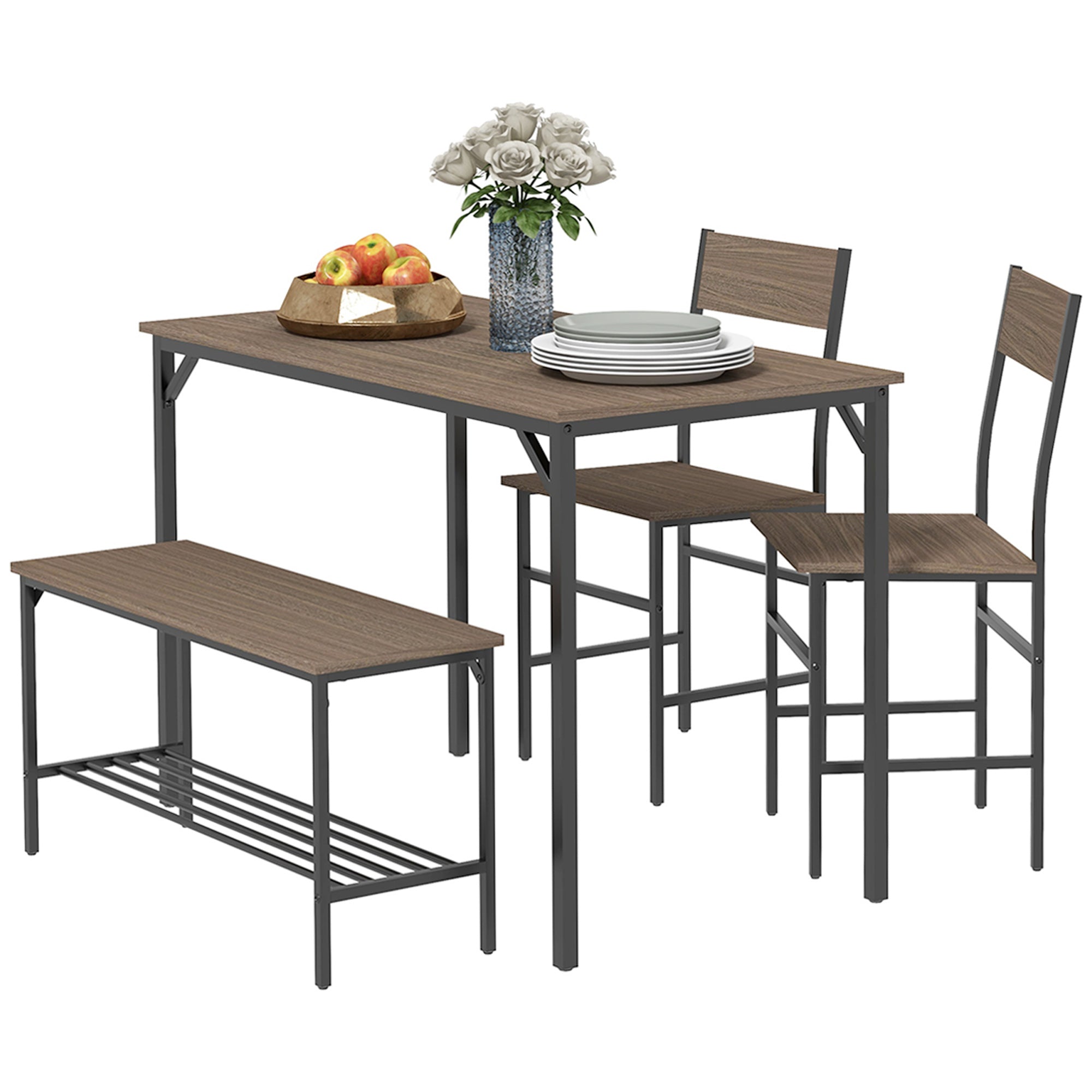 HOMCOM 4 Piece Dining Table and Chairs Set, Industrial Kitchen Table Set of 4 with 2 Chairs and Bench, Space Saving Table and Chairs with Shelf for Small Spaces, Grey