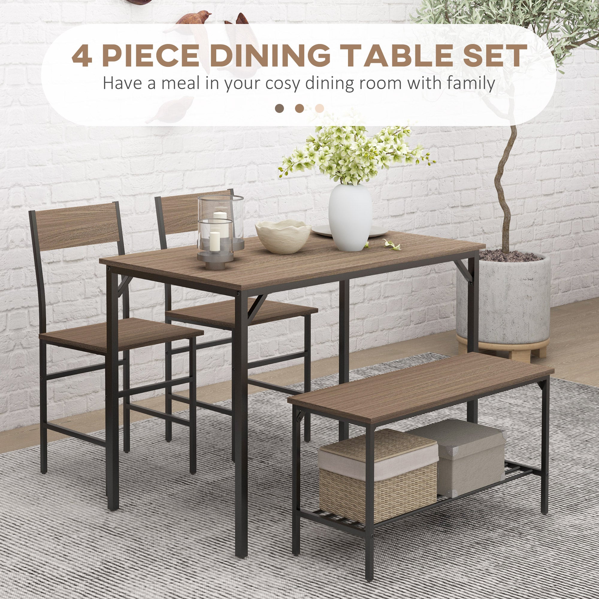 HOMCOM 4 Piece Dining Table and Chairs Set, Industrial Kitchen Table Set of 4 with 2 Chairs and Bench, Space Saving Table and Chairs with Shelf for Small Spaces, Grey