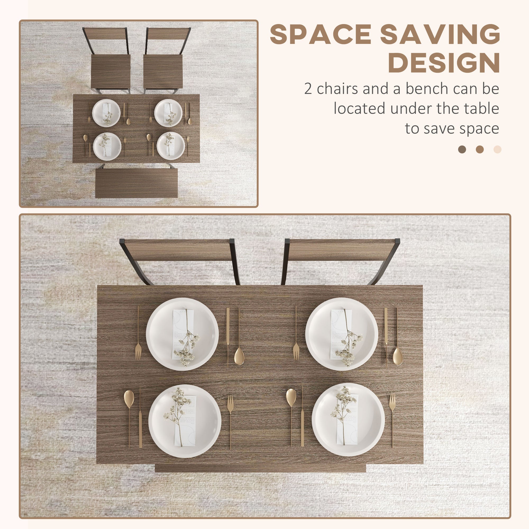 HOMCOM 4 Piece Dining Table and Chairs Set, Industrial Kitchen Table Set of 4 with 2 Chairs and Bench, Space Saving Table and Chairs with Shelf for Small Spaces, Grey